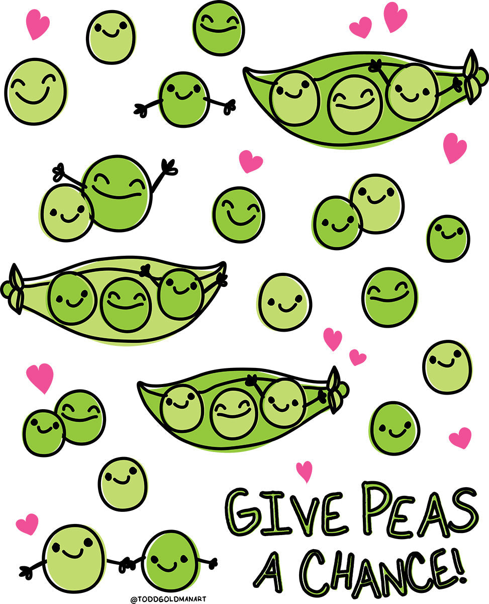 Give Peas a Chance Funny Pun Peace Foodie Cartoon Cotton T-Shirt