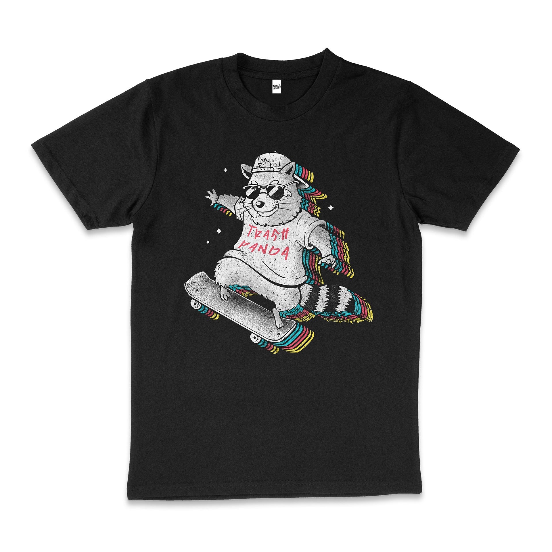 Rainbow Trash Panda Funny Raccoon Animal Skateboard 80s Vintage Retro Cotton T-Shirt