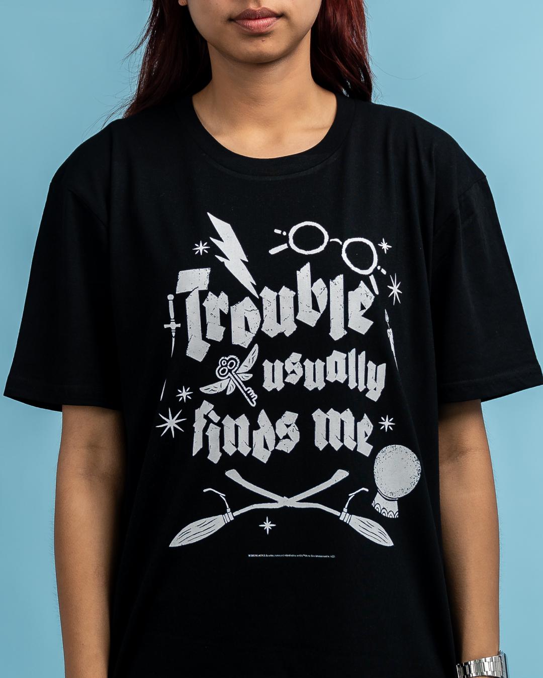 Trouble Usually Finds Me T-Shirt Australia Online #colour_black