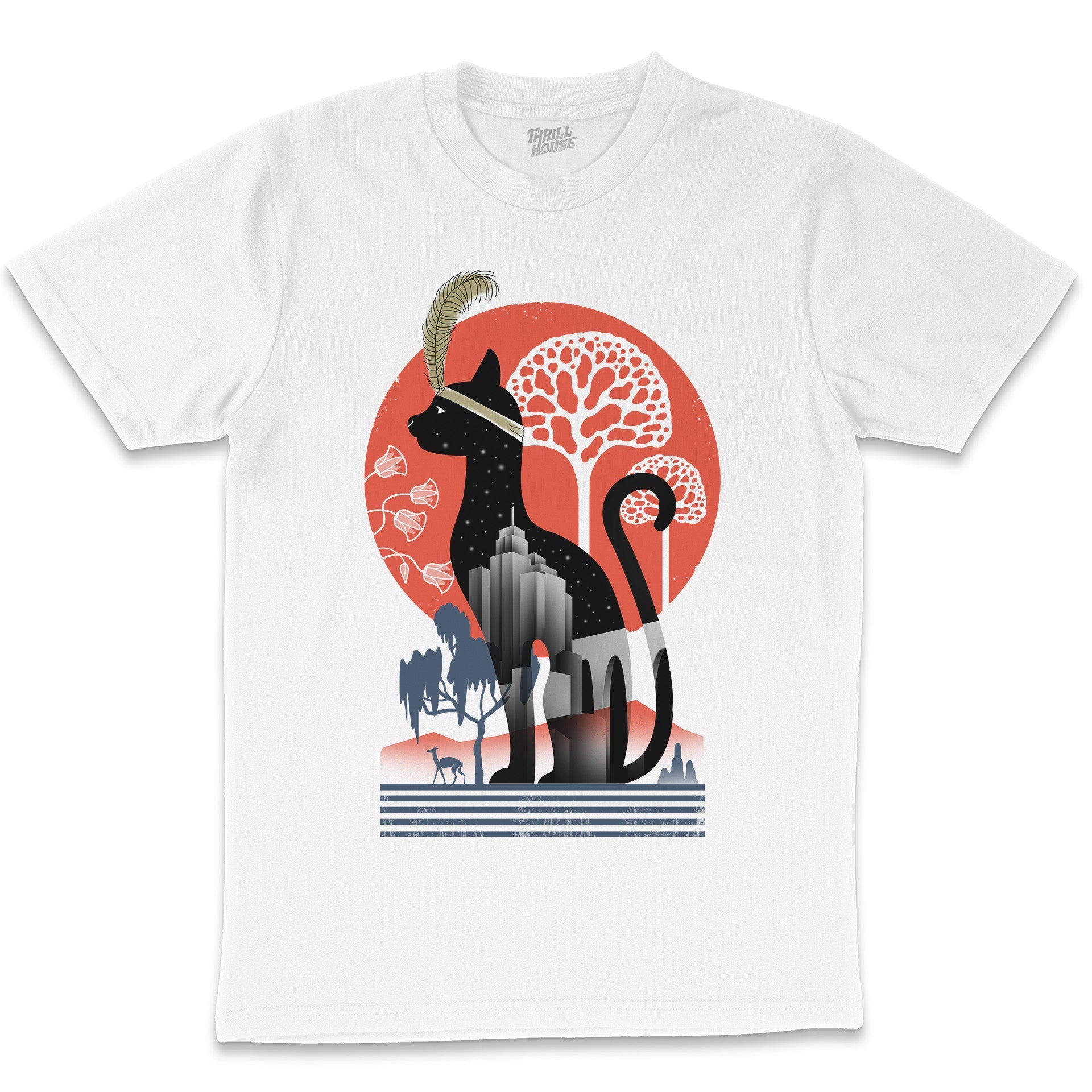 Cat Deco Art Deco Retro Vintage Kitten Artsy Artistic Nature Design Cotton T-Shirt