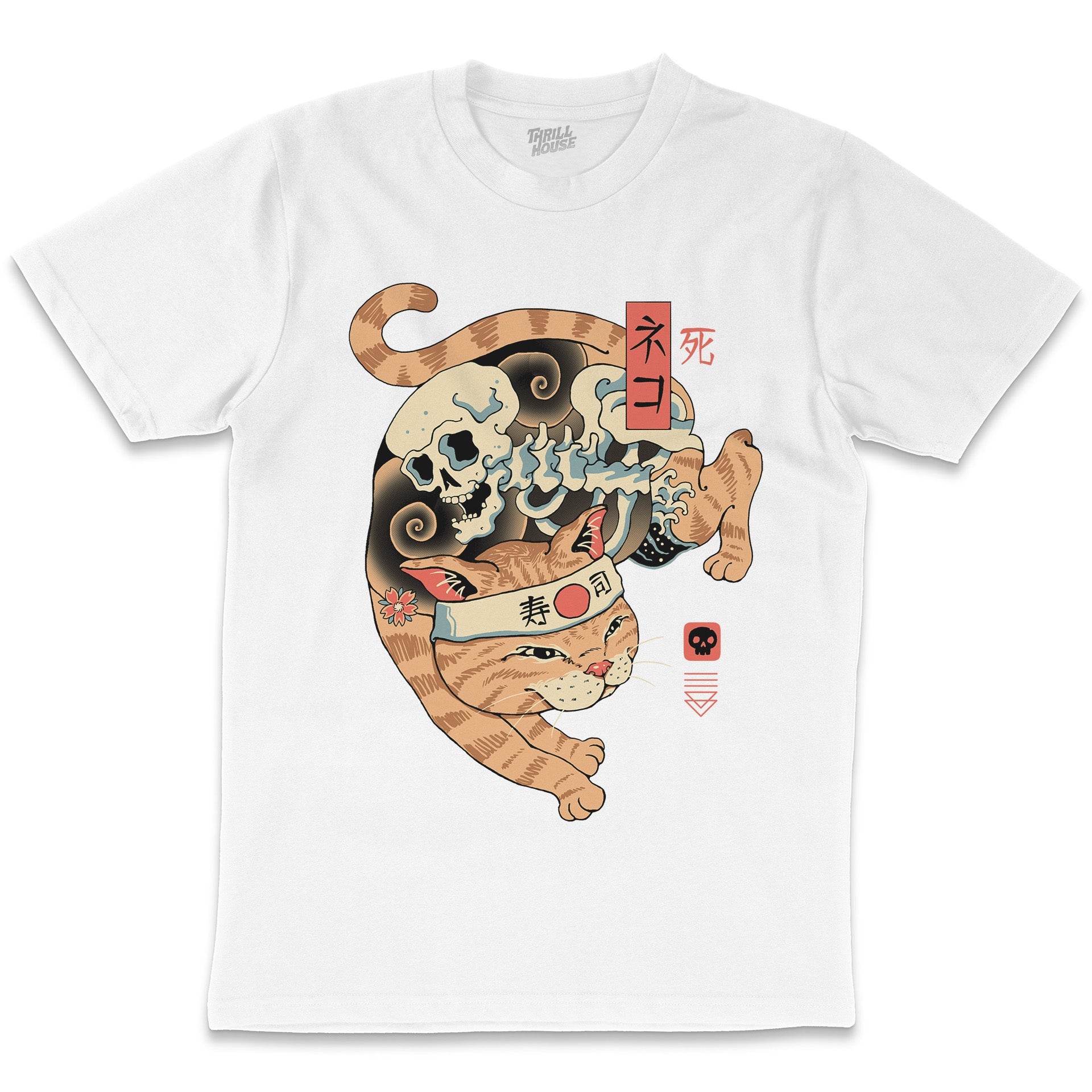 Catana of Death Cool Cat Kitten Skeleton Dark Japanese Artsy Cotton T-Shirt