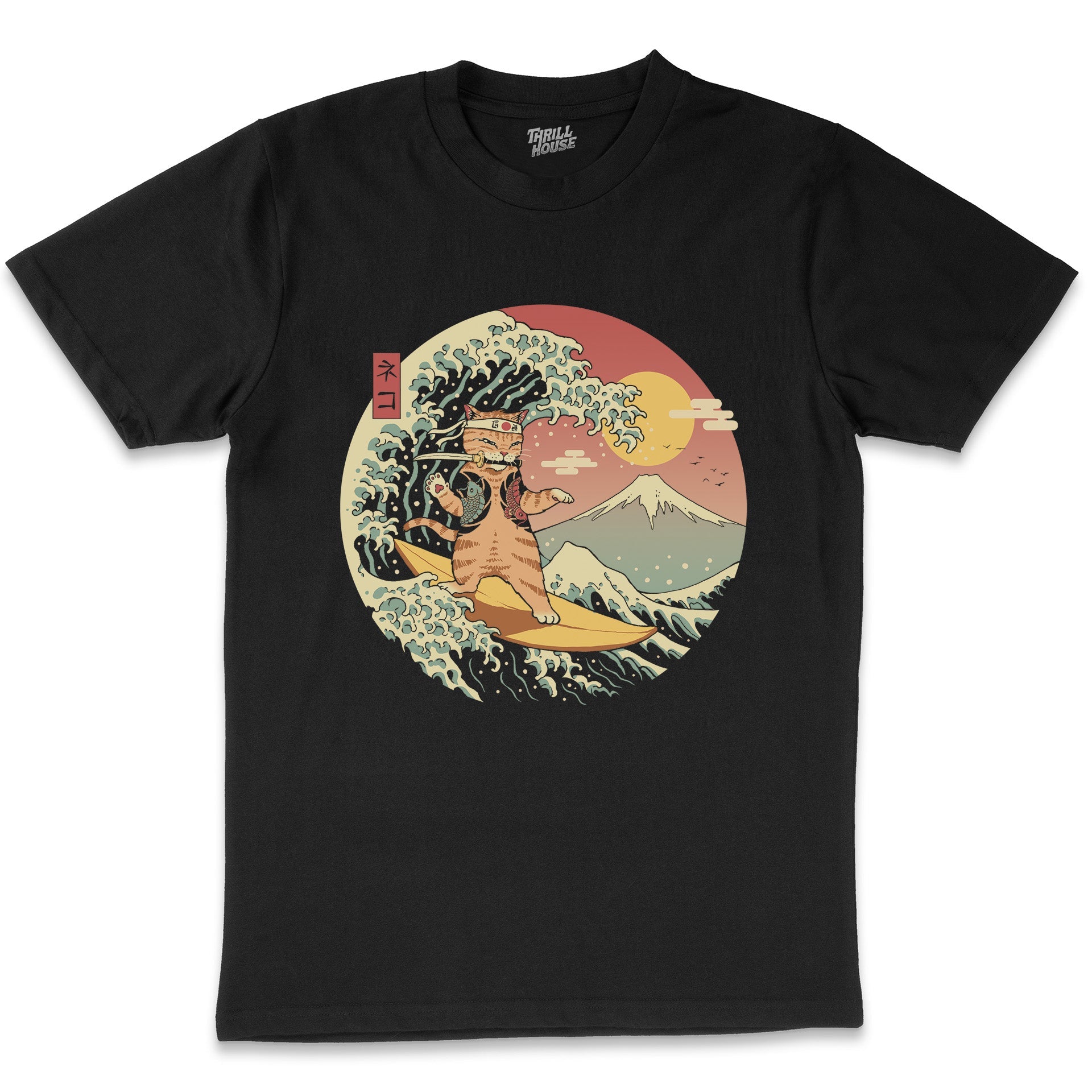 Catana Wave Japanese Surfing Cat Great Wave Kanagawa Nature Artsy Cotton T-Shirt