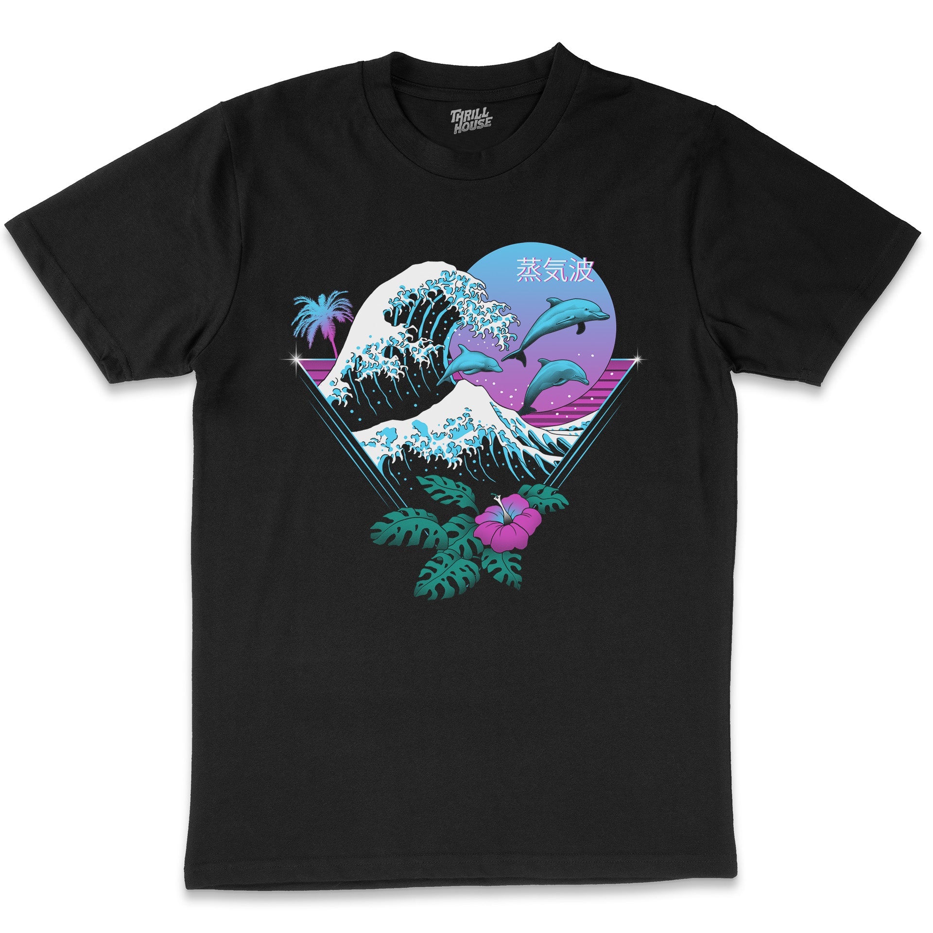 Dolphin Waves Cool Japanese Vaporwave Great Wave Kanagawa Inspired Nature Cotton T-Shirt