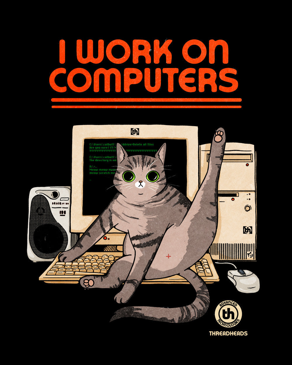 I Work on Computers Funny Annoying Cat Kitten Animal Geek Nerd Cotton T-Shirt