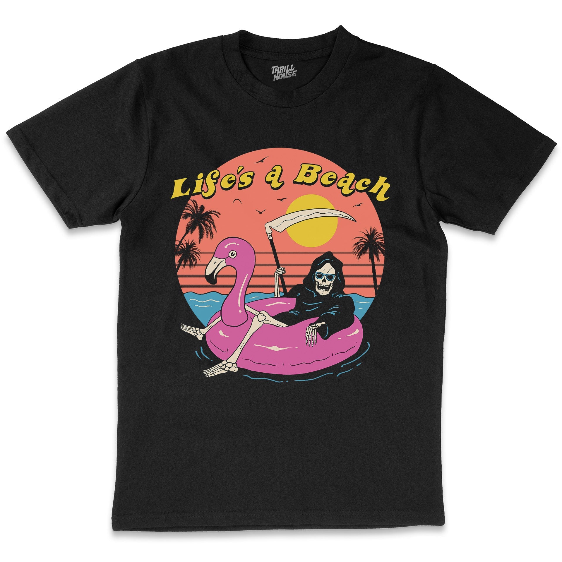 Life's a Beach Funny Grim Reaper Dark Humour Slogan Summer Holiday Flamingo Cotton T-Shirt