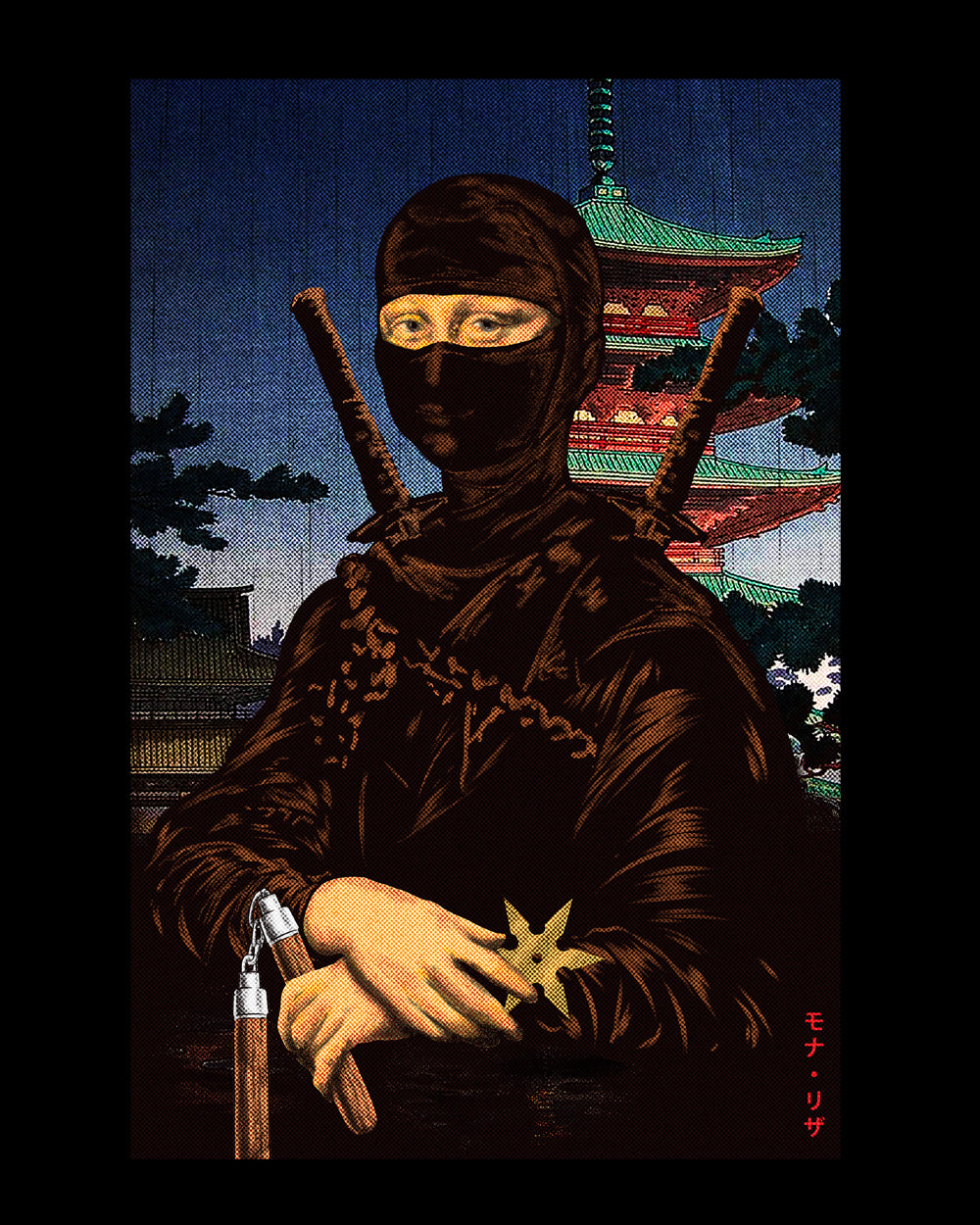 Mona Ninja Mona Lisa Art Parody Funny Japanese Japan Painting Cotton T-Shirt