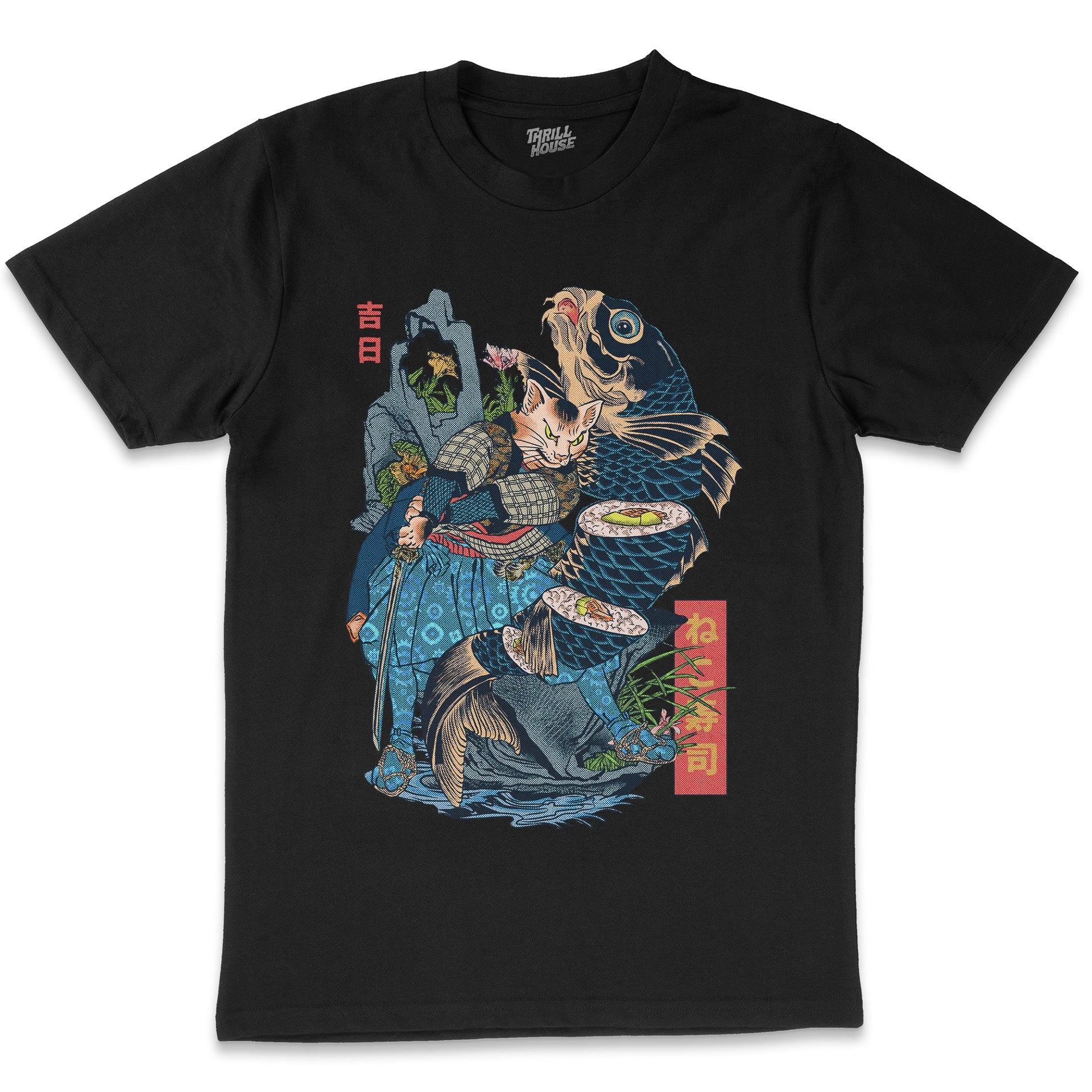 Neko Sushi Japanese Japan Artsy Koi Fish Foodie Cotton T-Shirt
