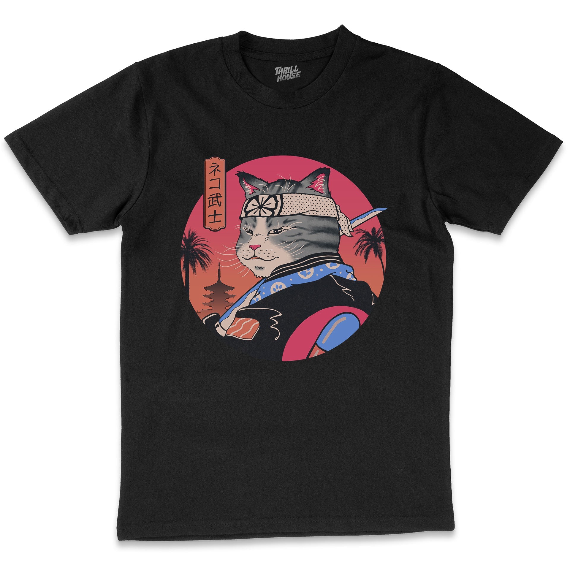 Samurai Cat Japanese Inspired Japan Kitten Anime Manga Cotton T-Shirt