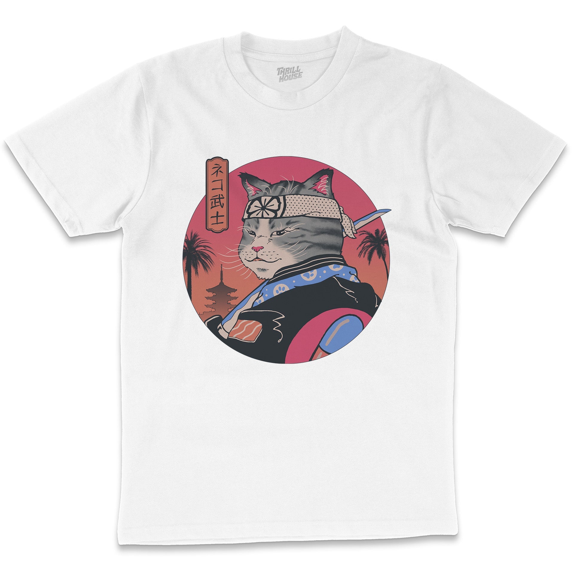 Samurai Cat Japanese Inspired Japan Kitten Anime Manga Cotton T-Shirt