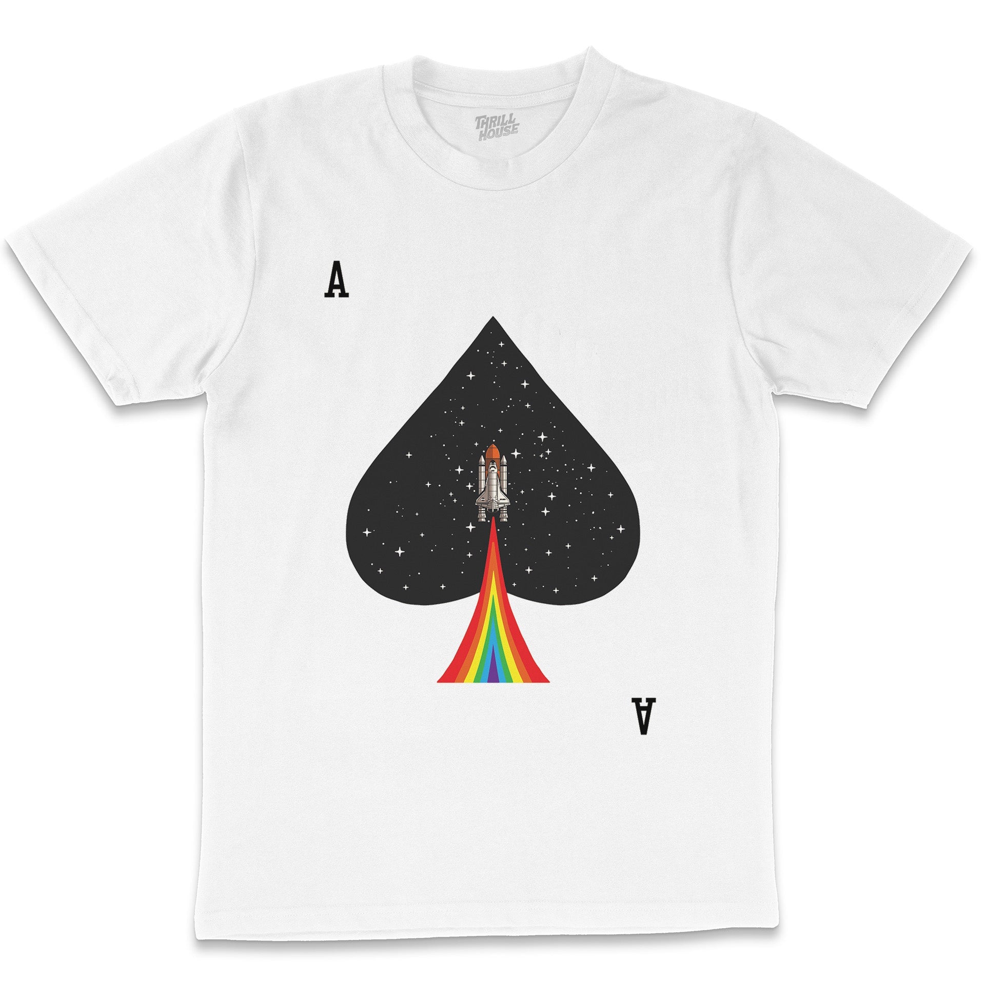 Sp(Ace) Space Shuttle Card Rainbow Astronaut Artsy Rocket Ship Cotton T-Shirt