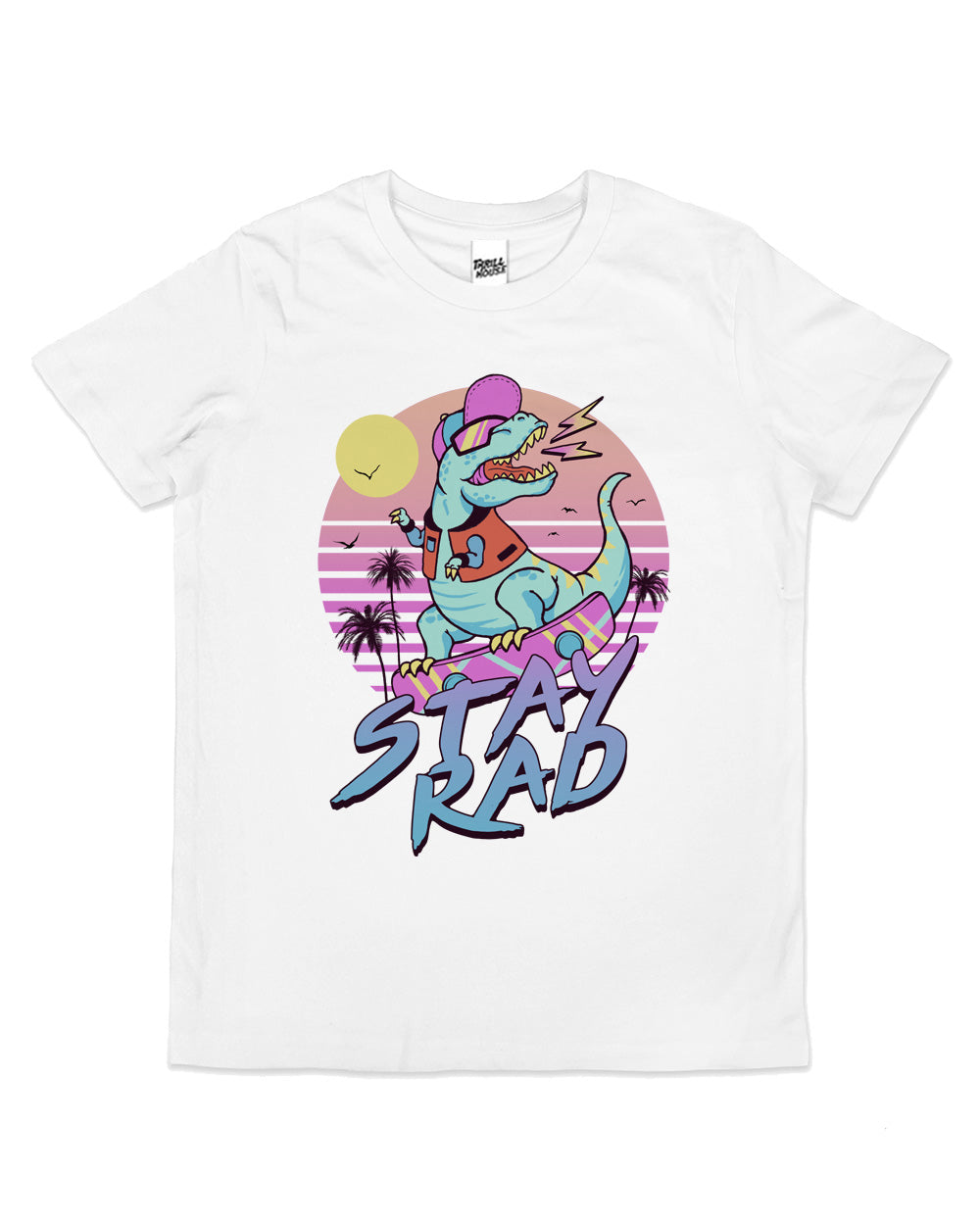 Stay Rad Kids T-Rex Dinosaur Skate Retro 80's Cute Cool Cotton Novelty T-Shirt