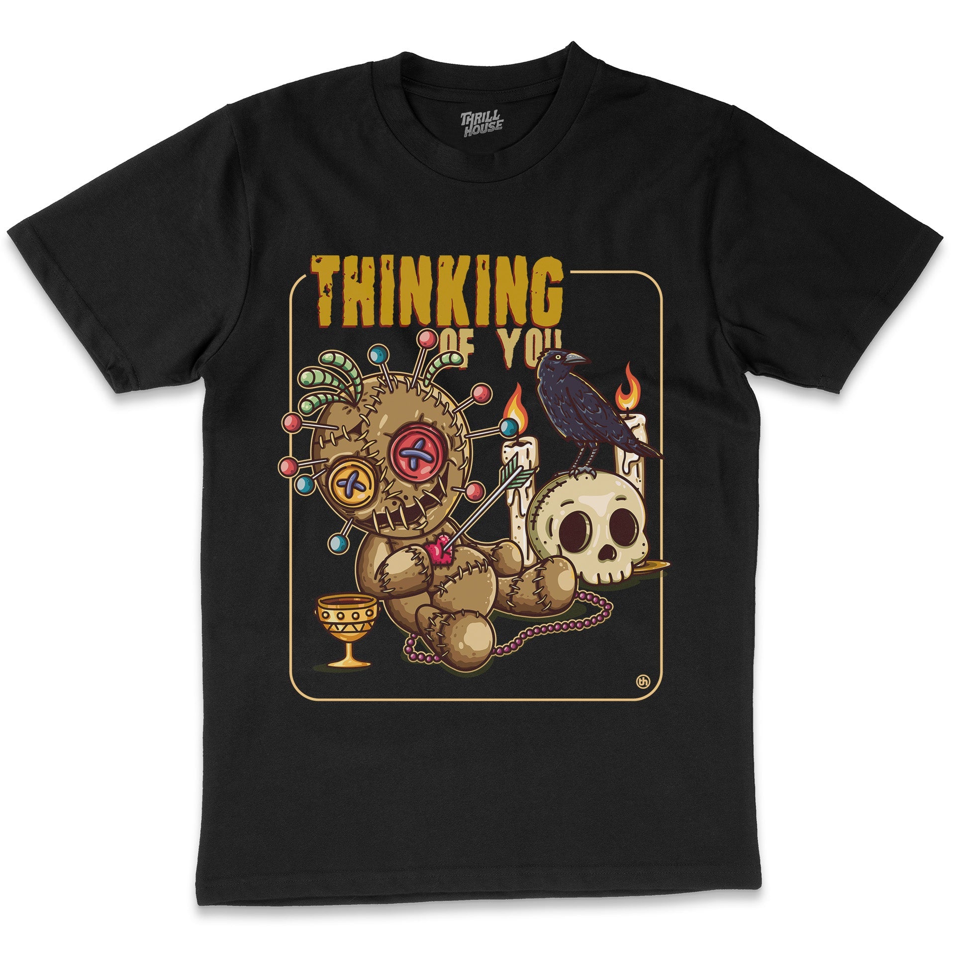 Thinking of You Funny Voodoo Doll Pin Hex Spell Dark Magic Skull Dark Humour Cotton T-Shirt