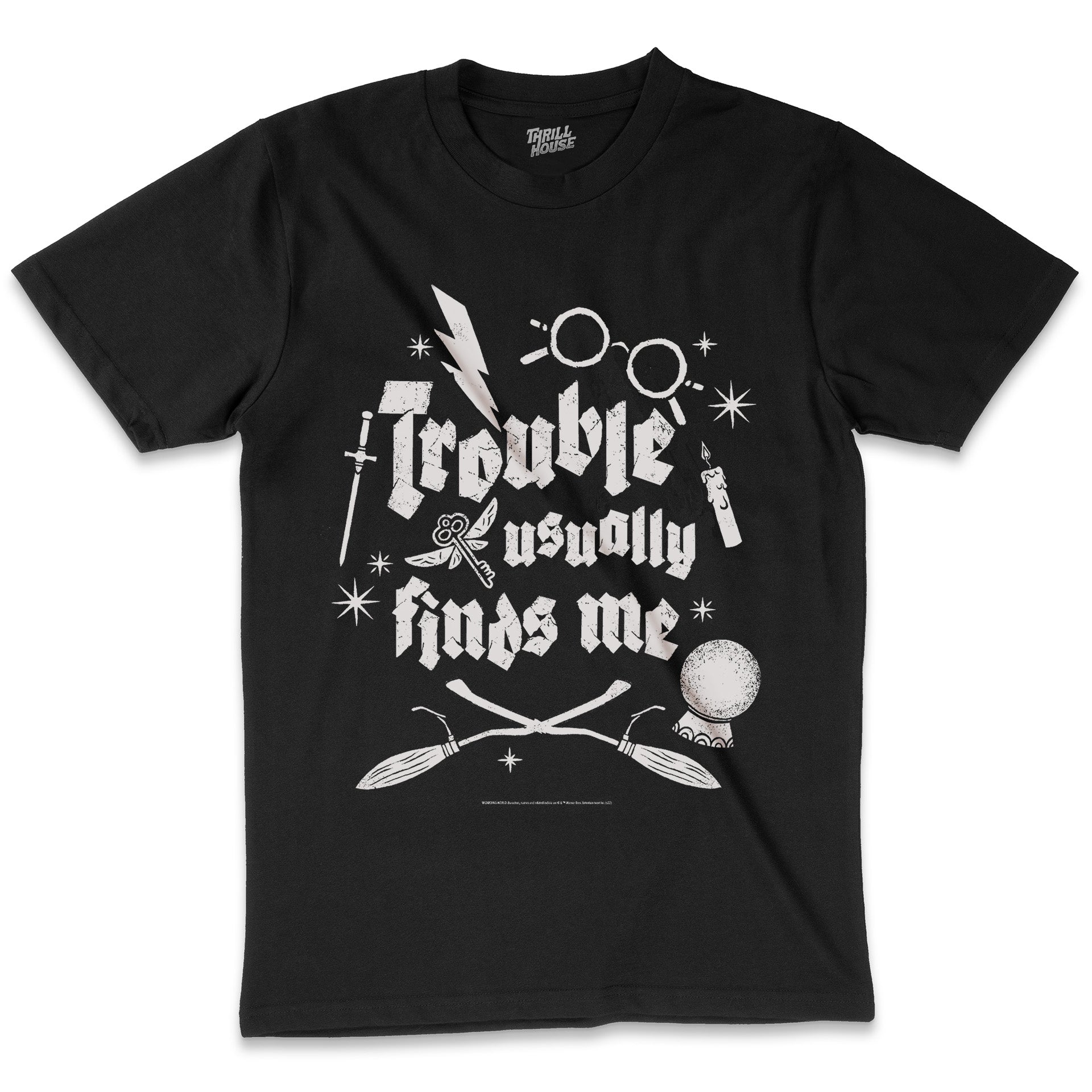 Harry Potter Trouble Usually Finds Me Hogwarts Witchcraft Wizardry School Officially Licensed Cotton T-Shirt