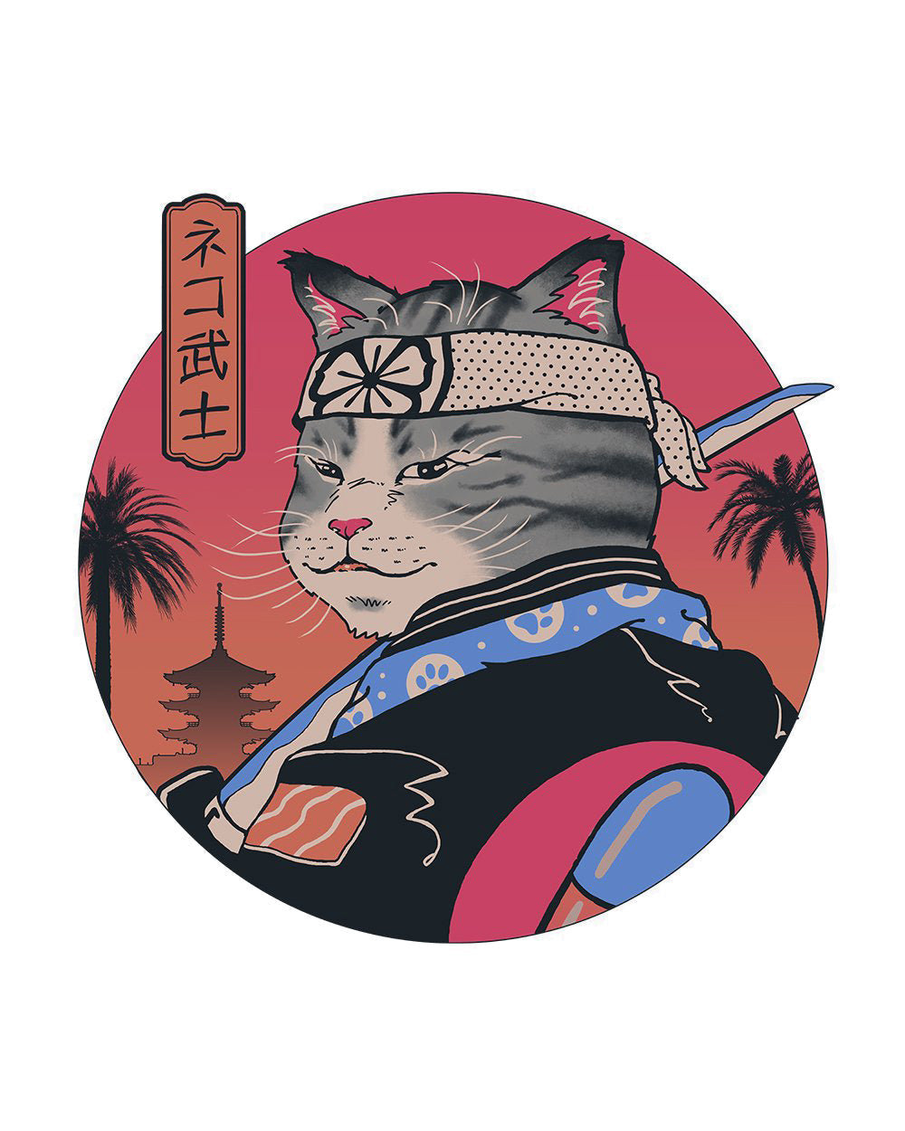 Samurai Cat Japanese Inspired Japan Kitten Anime Manga Cotton T-Shirt