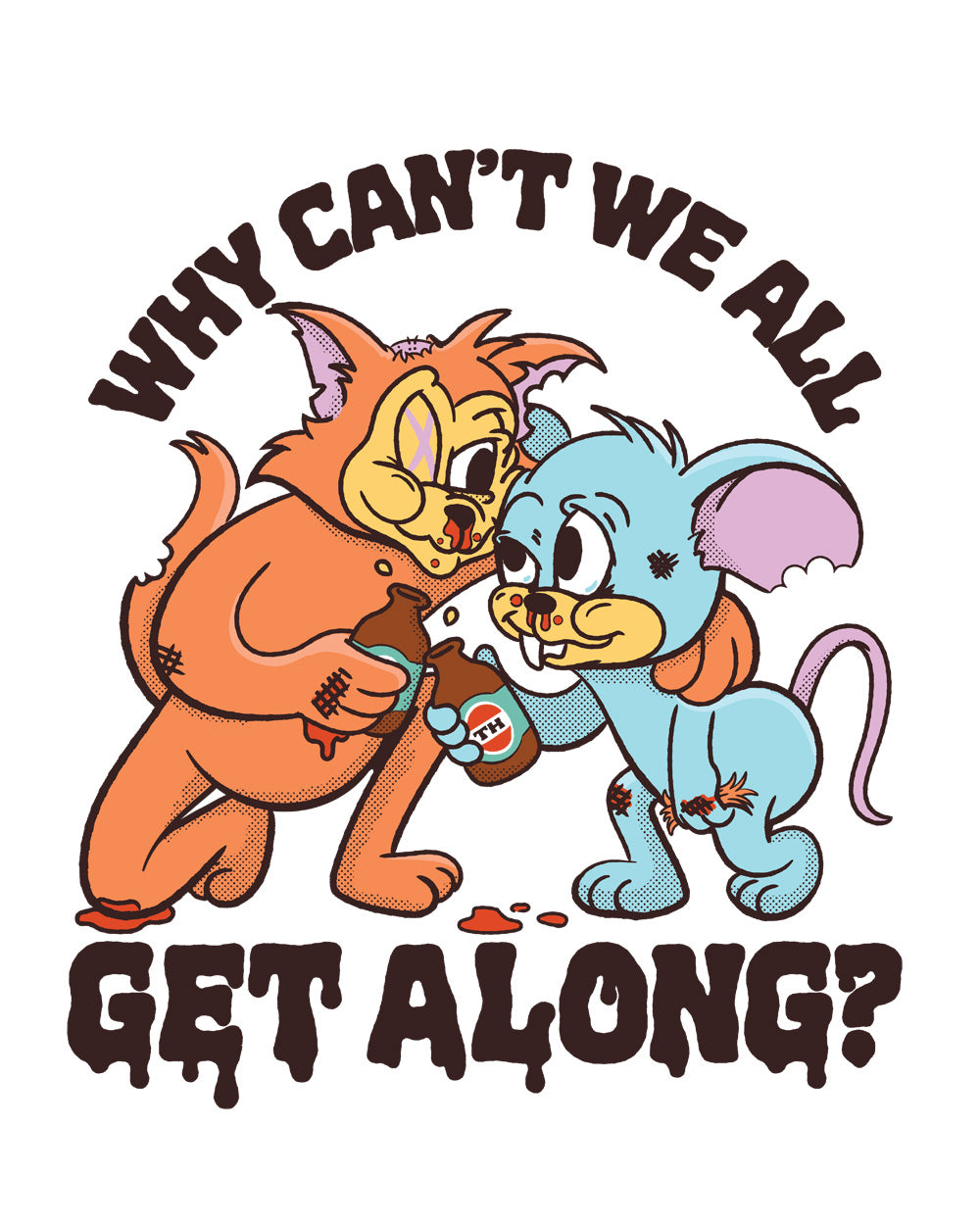 Why Can't We All Get Along Funny Cat Mouse Friends Animal Drinking Buddies Beer Humorous Cotton T-Shirt