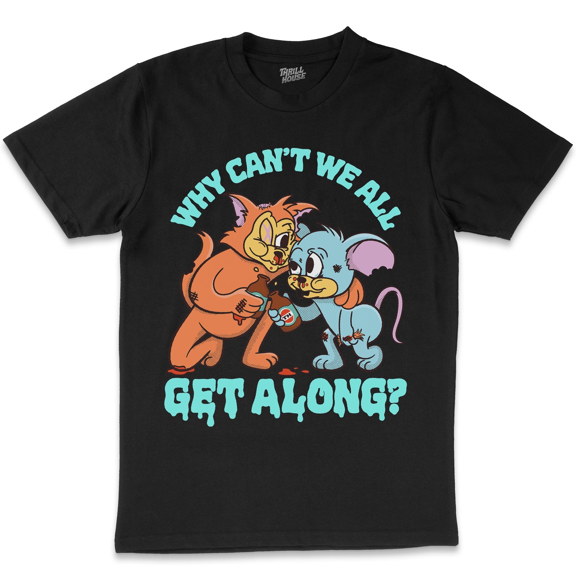 Why Can't We All Get Along Funny Cat Mouse Friends Animal Drinking Buddies Beer Humorous Cotton T-Shirt