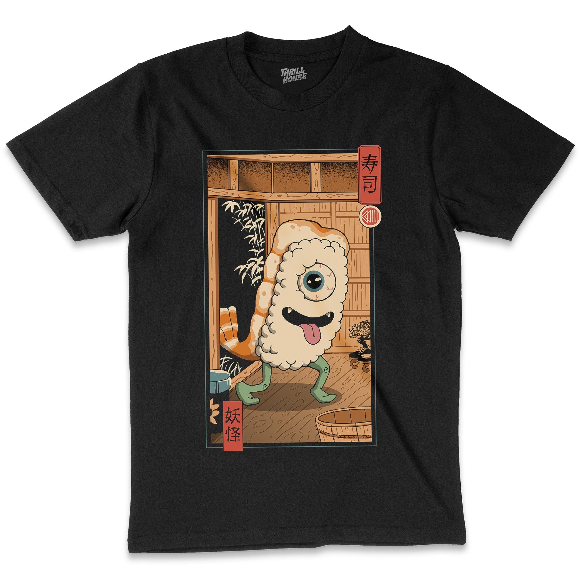 Yokai Sushi in Edo Japanese Japan Inspired Artsy Prawn Nori Foodie Kaiju Influenced Cotton T-Shirt