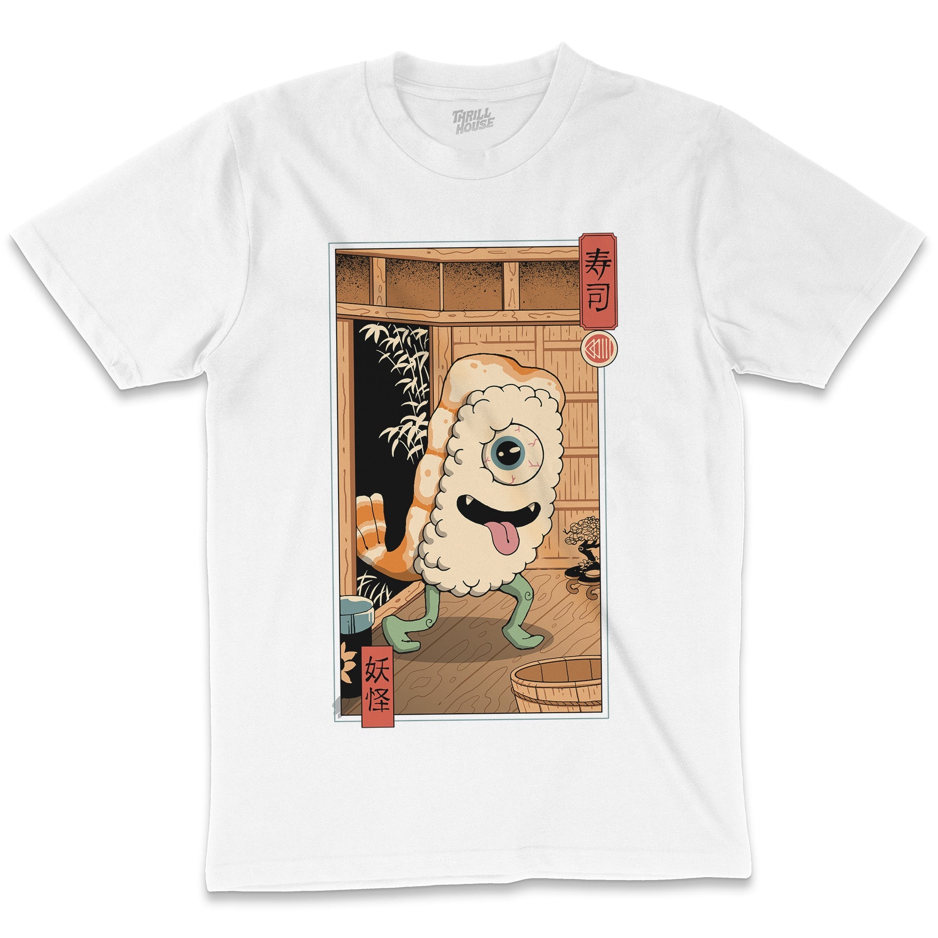 Yokai Sushi in Edo Japanese Japan Inspired Artsy Prawn Nori Foodie Kaiju Influenced Cotton T-Shirt