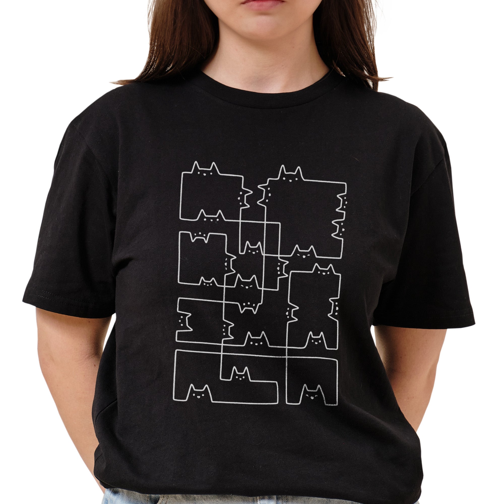 Cat Lines Geometric Cubism Black and White T-Shirt