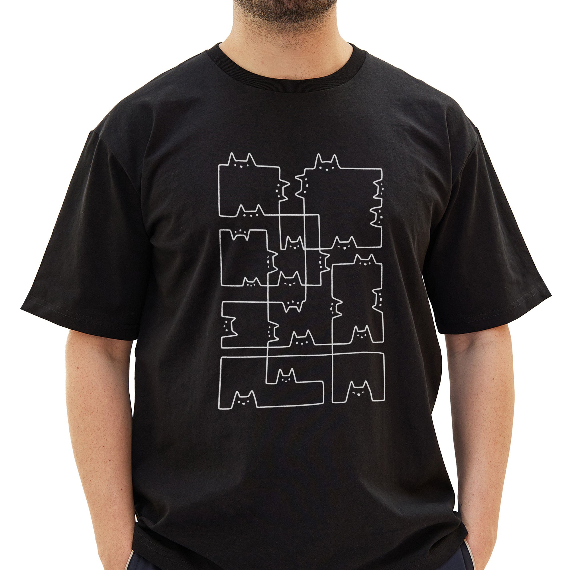 Cat Lines Geometric Cubism Black and White T-Shirt