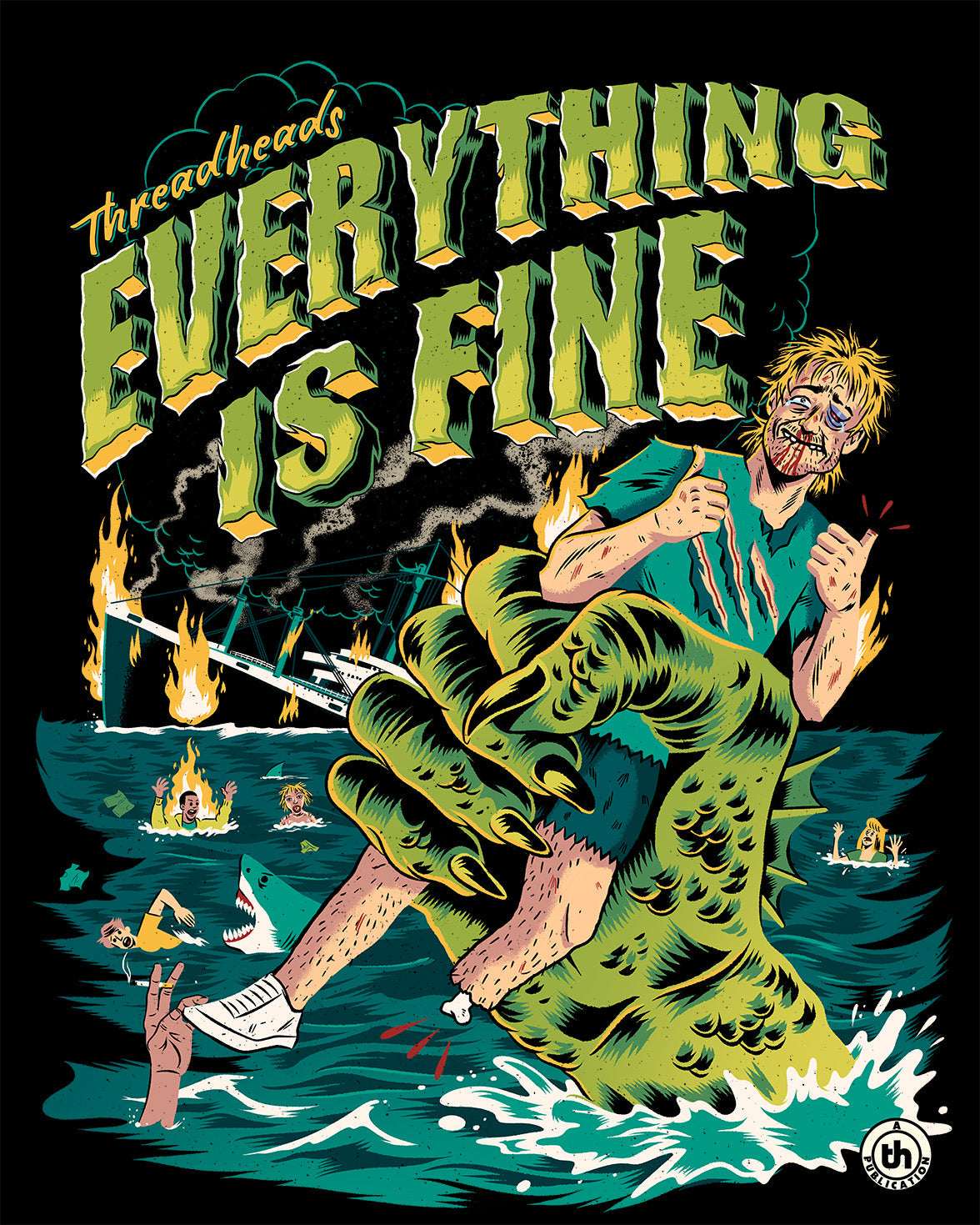 Everything is Fine Funny Slogan Monster B Movie Horror Saying Anxiety Cotton T-Shirt