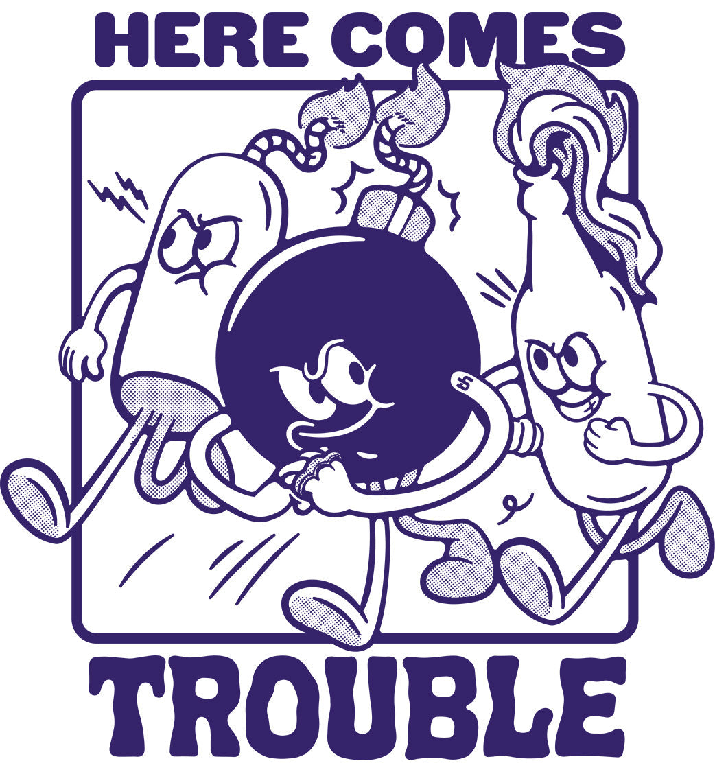 Here Comes Trouble Retro Vintage Cartoon Rubber Hose Artwork Slogan Funny T-Shirt