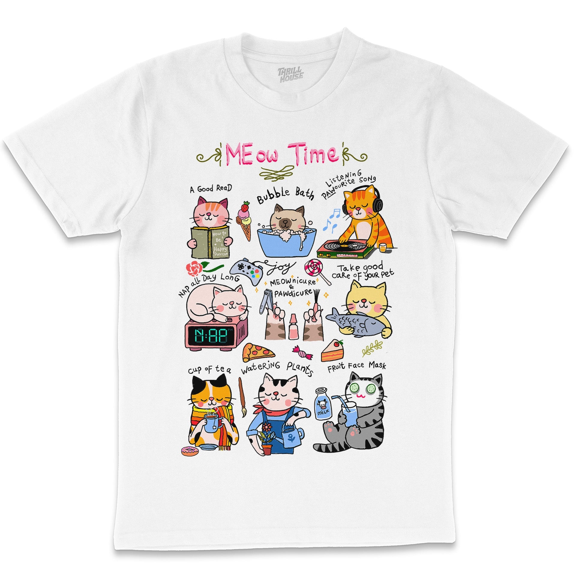 Meow Time Funny Cats Kittens Cute Sketch Animal Pet Cotton T-Shirt