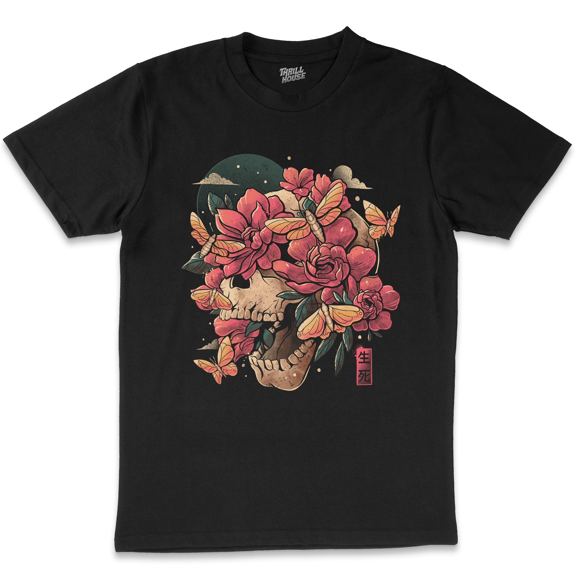 Blossom in Grave Cook Skull Flowers Artistic Japanese Artsy Tattoo Dark Macabre Cotton T-Shirt