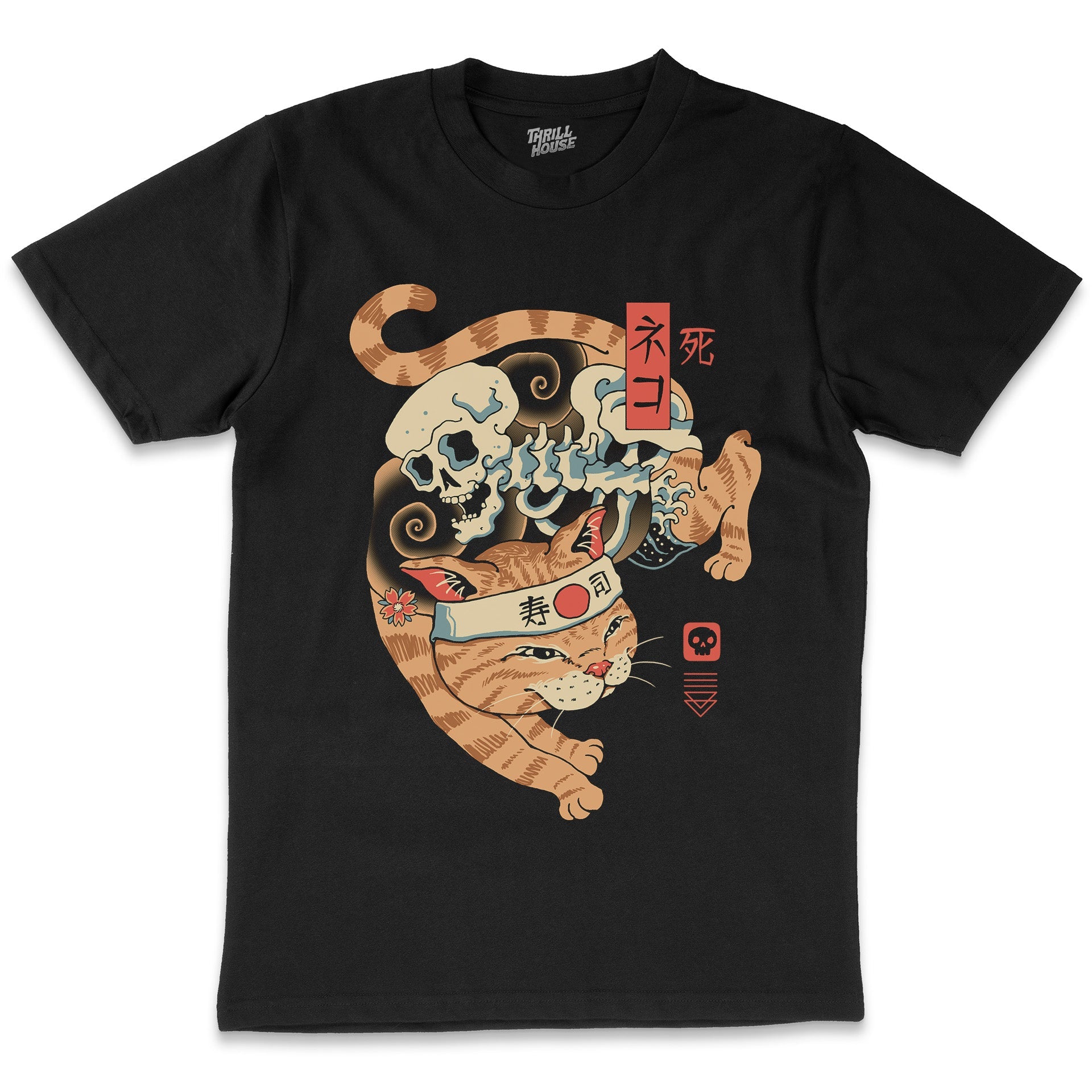 Catana of Death Cool Cat Kitten Skeleton Dark Japanese Artsy Cotton T-Shirt