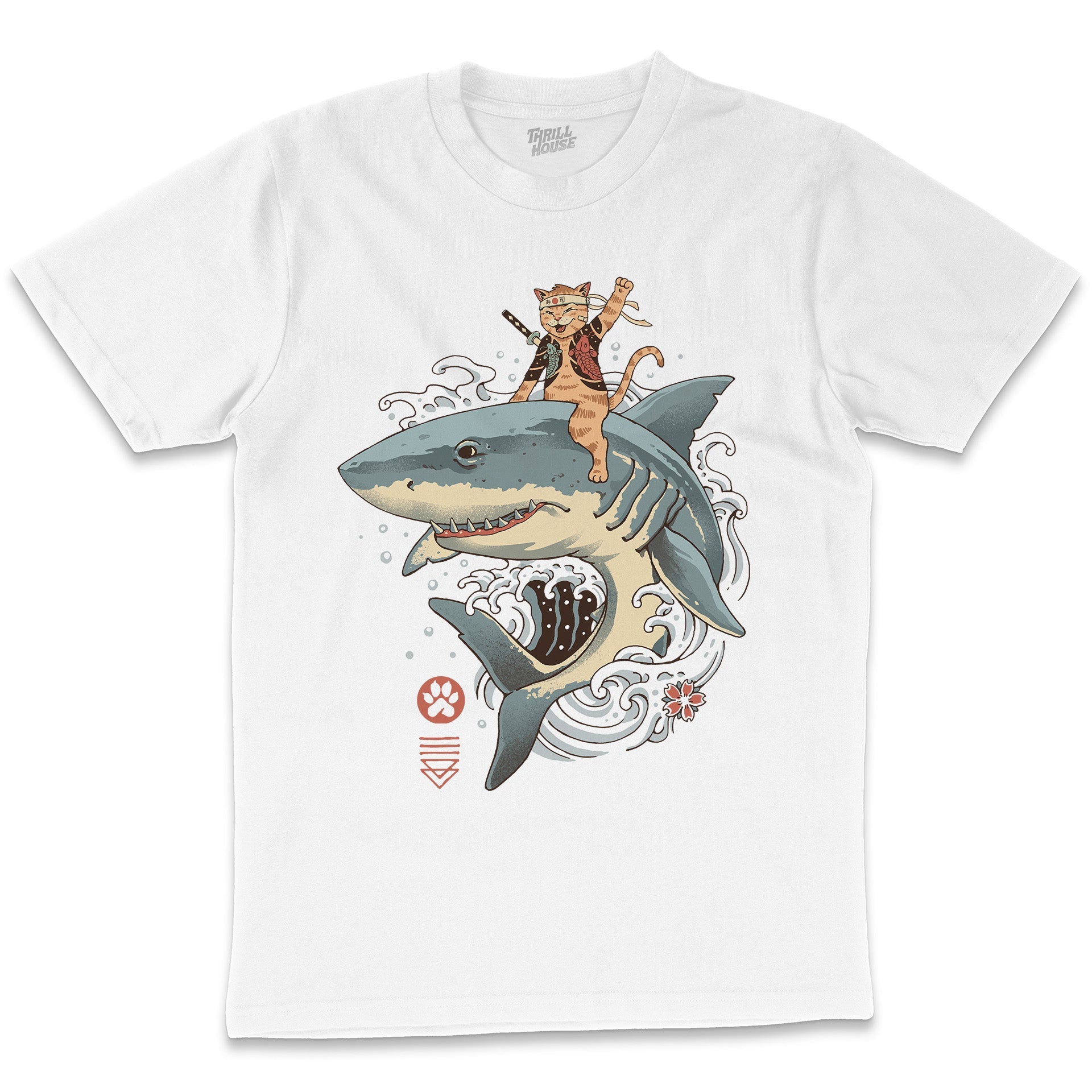 Catana Shark Japanese Influenced Cat Kitten Surfing Nature Artsy Cotton T-Shirt