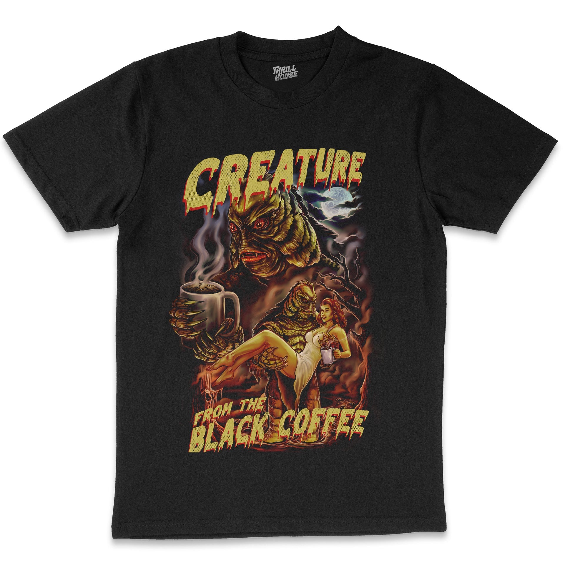 Creature from the Black Coffee Monster Parody B Grade Schlock Movie Parody Cotton T-Shirt