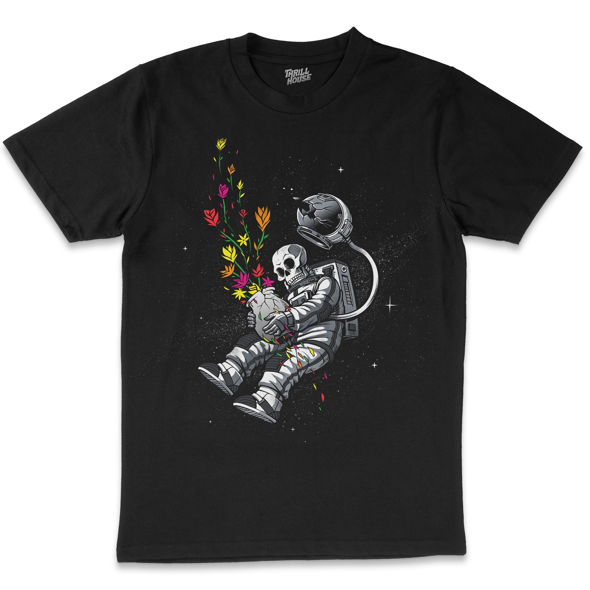 End of Humanity Space Skull Skeleton Astronaut Flowers Solar System Artsy Cotton T-Shirt