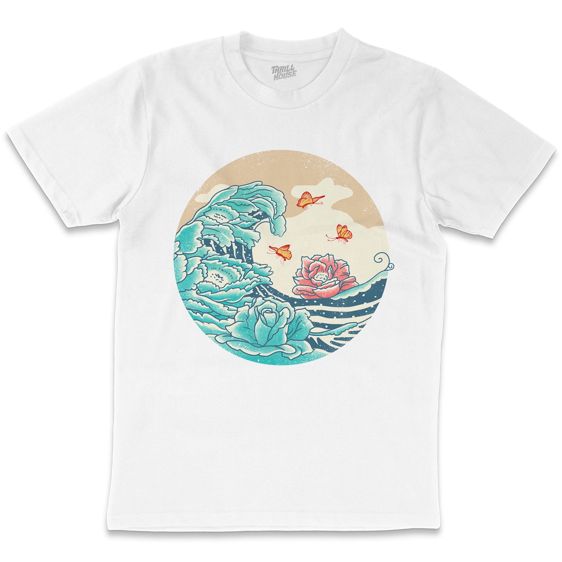 Floral Waves Japanese Art Inspired Great Wave Kanagawa Artsy Japan Butterflies Cute Cotton  T-Shirt