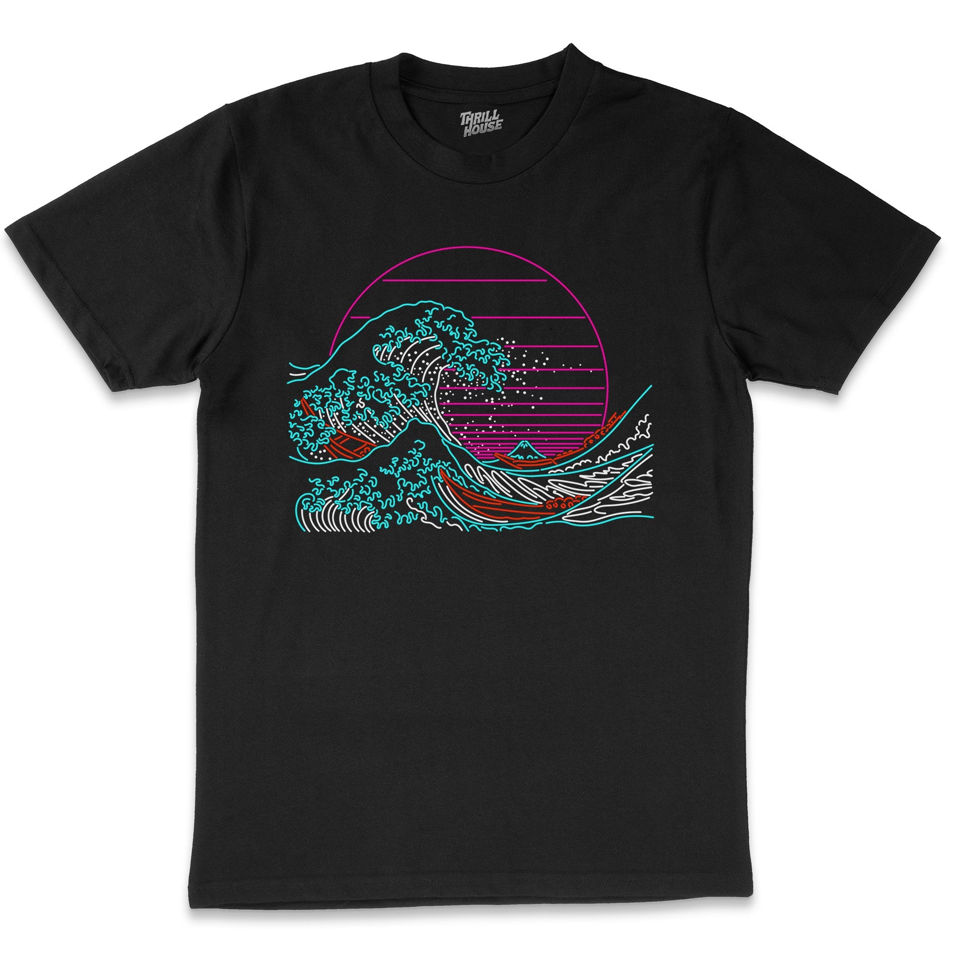 Great Neon Wave 80s Artsy Japanese Great Wave Of Kanagawa Neon Cotton T-Shirt
