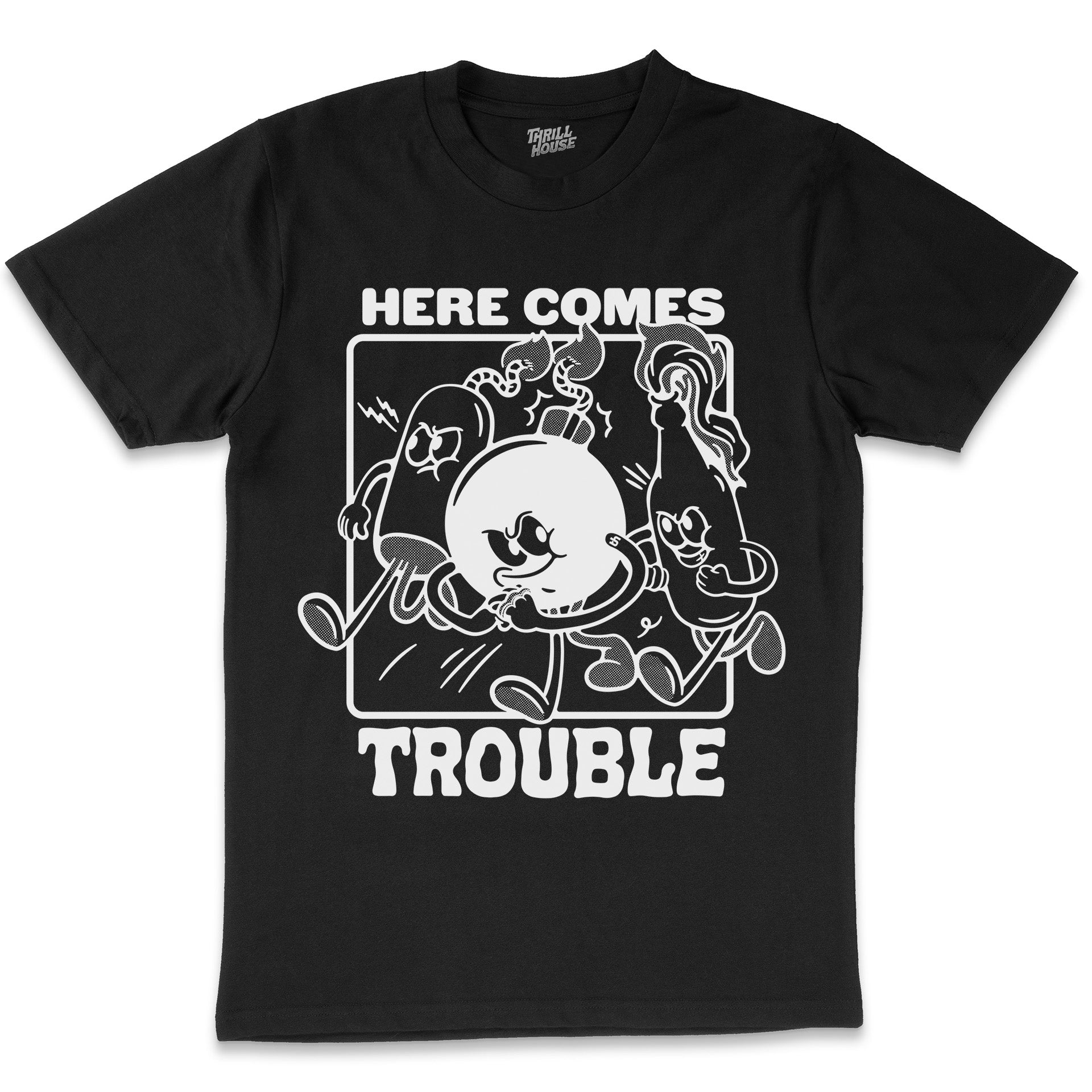 Here Comes Trouble Retro Vintage Cartoon Rubber Hose Artwork Slogan Funny T-Shirt