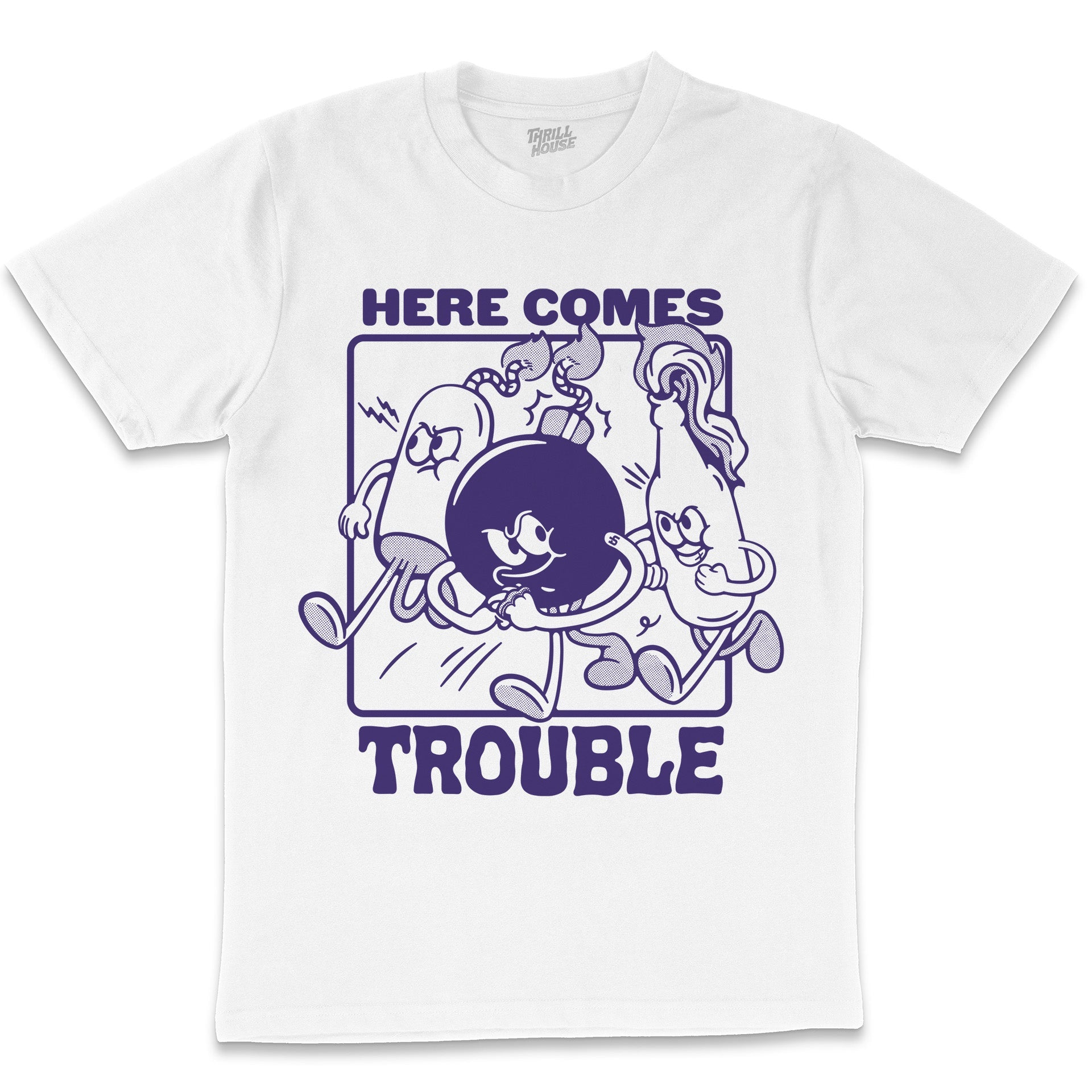 Here Comes Trouble Retro Vintage Cartoon Rubber Hose Artwork Slogan Funny T-Shirt