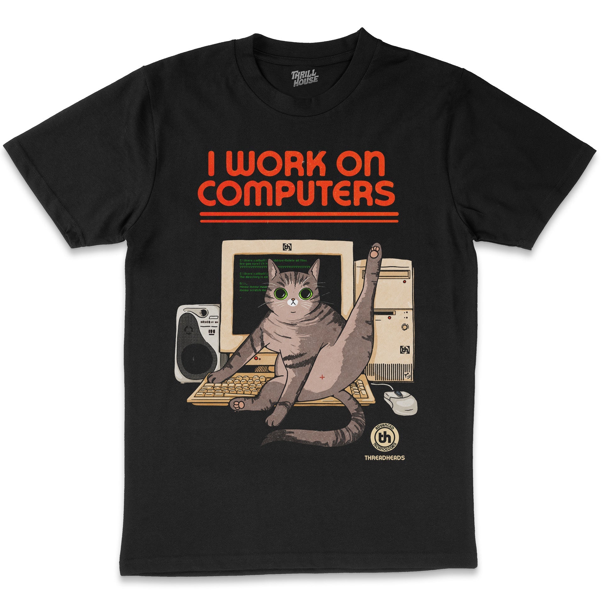 I Work on Computers Funny Annoying Cat Kitten Animal Geek Nerd Cotton T-Shirt