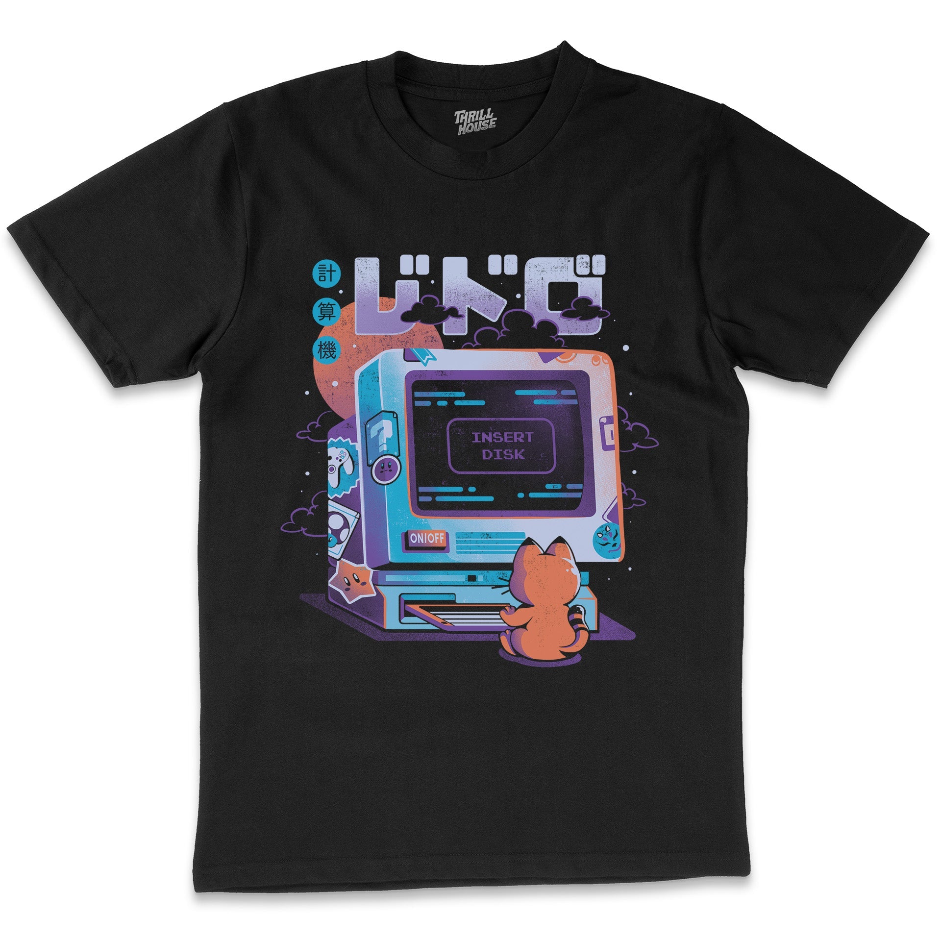Insert Disk Funny Cat Computer Kitten Japanese Japan Nerd Geek Cotton T-Shirt