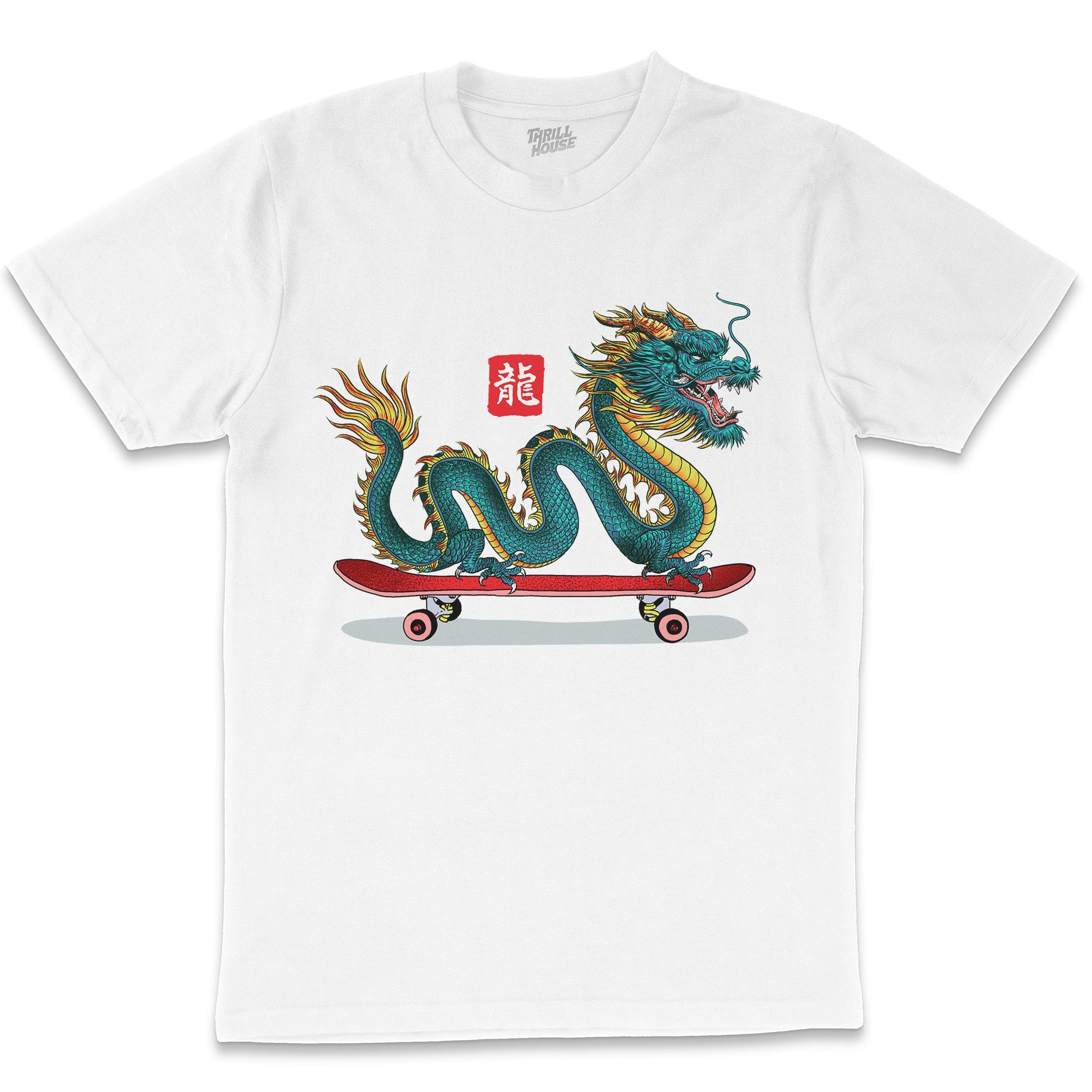 Long Board Dragon Skateboard Skating Chinese Japanese Style Artsy Cotton T-Shirt