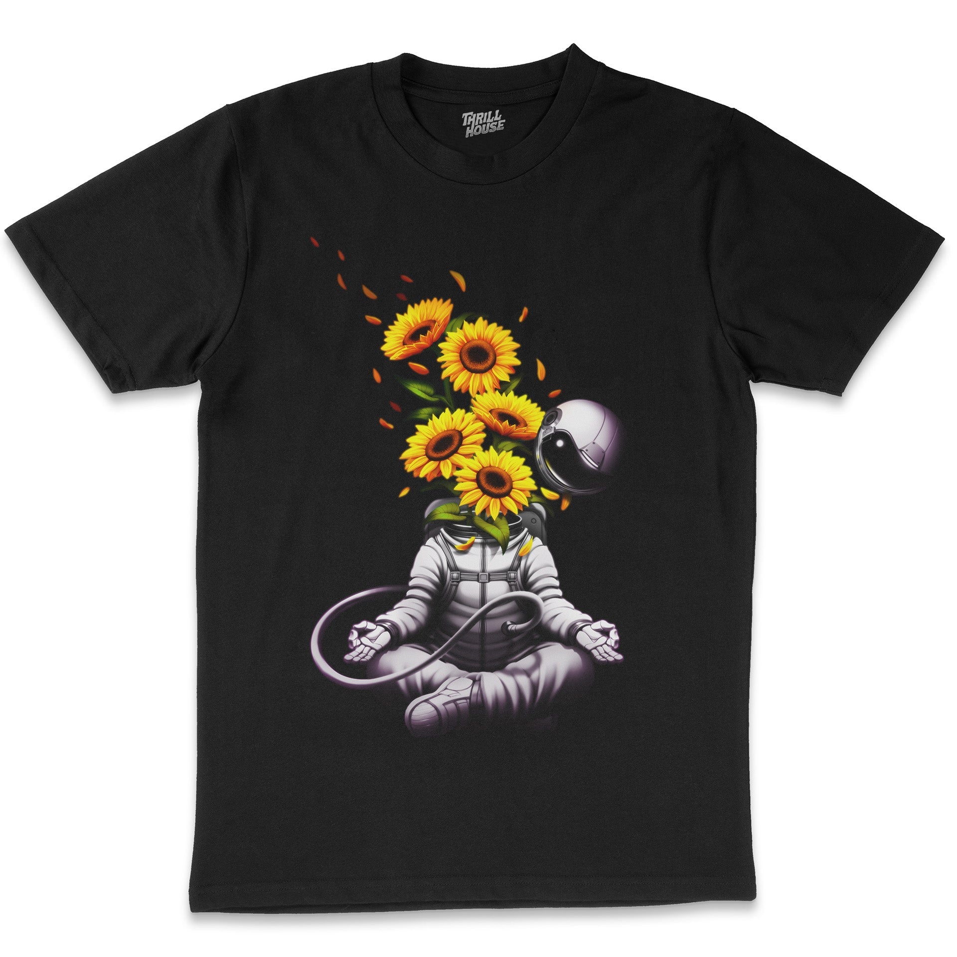 Meditation Astronaut Spring Sunflower Nature Yoga Space Flowers Artsy Cotton T-Shirt