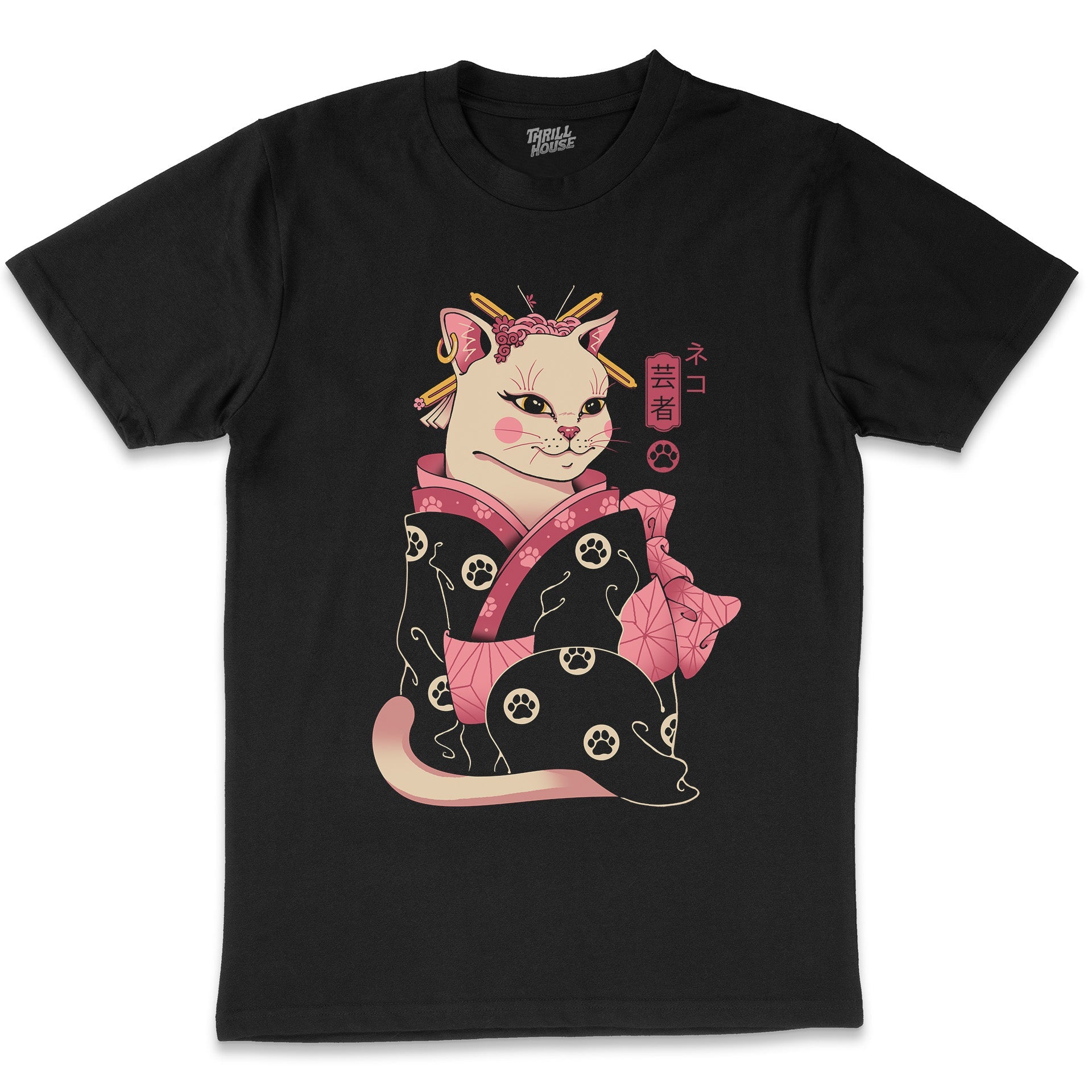 Neko Geisha Japanese Inspired Cat Kitty Artsy Design Cotton T-Shirt