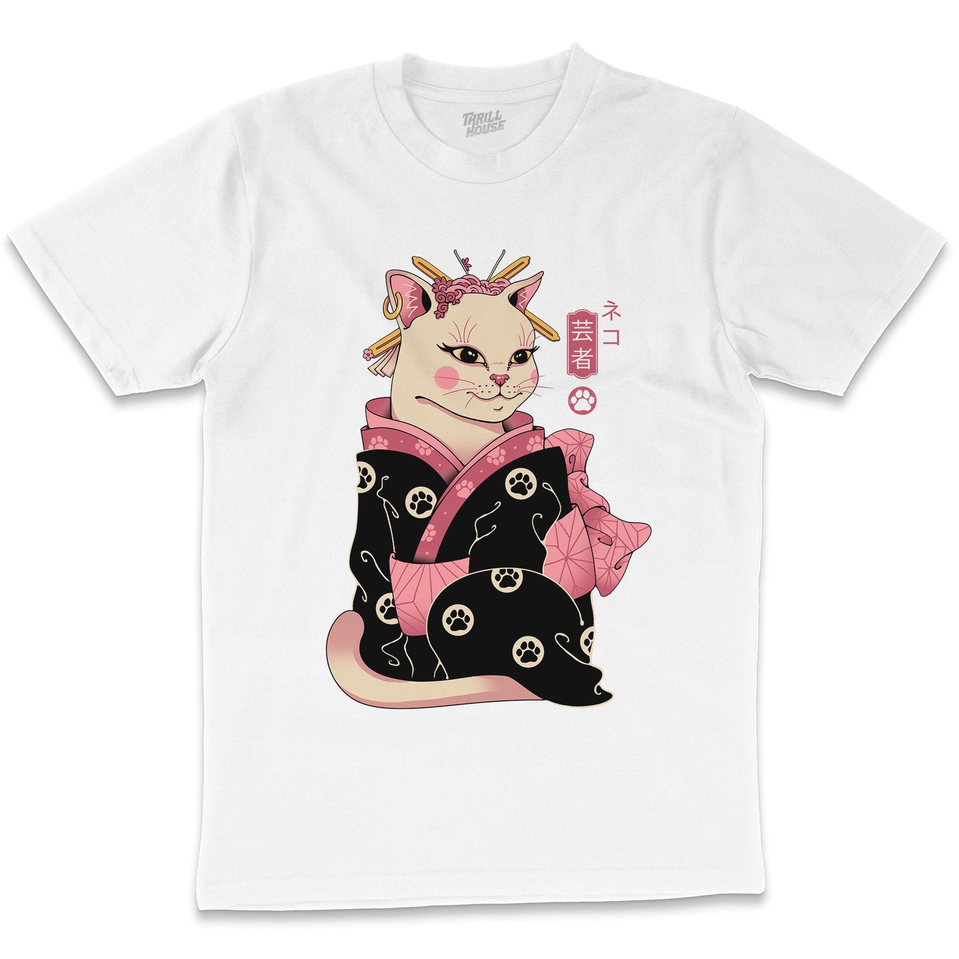 Neko Geisha Japanese Inspired Cat Kitty Artsy Design Cotton T-Shirt