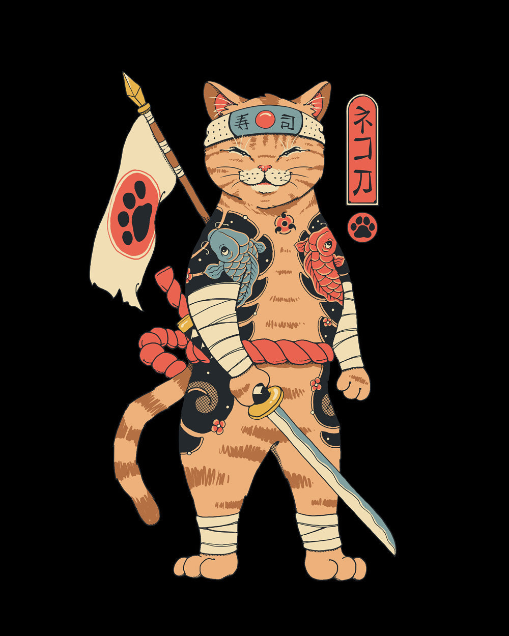 Neko Shogun Japanese Attack Samurai Kitten Cat Artsy Cotton T-Shirt