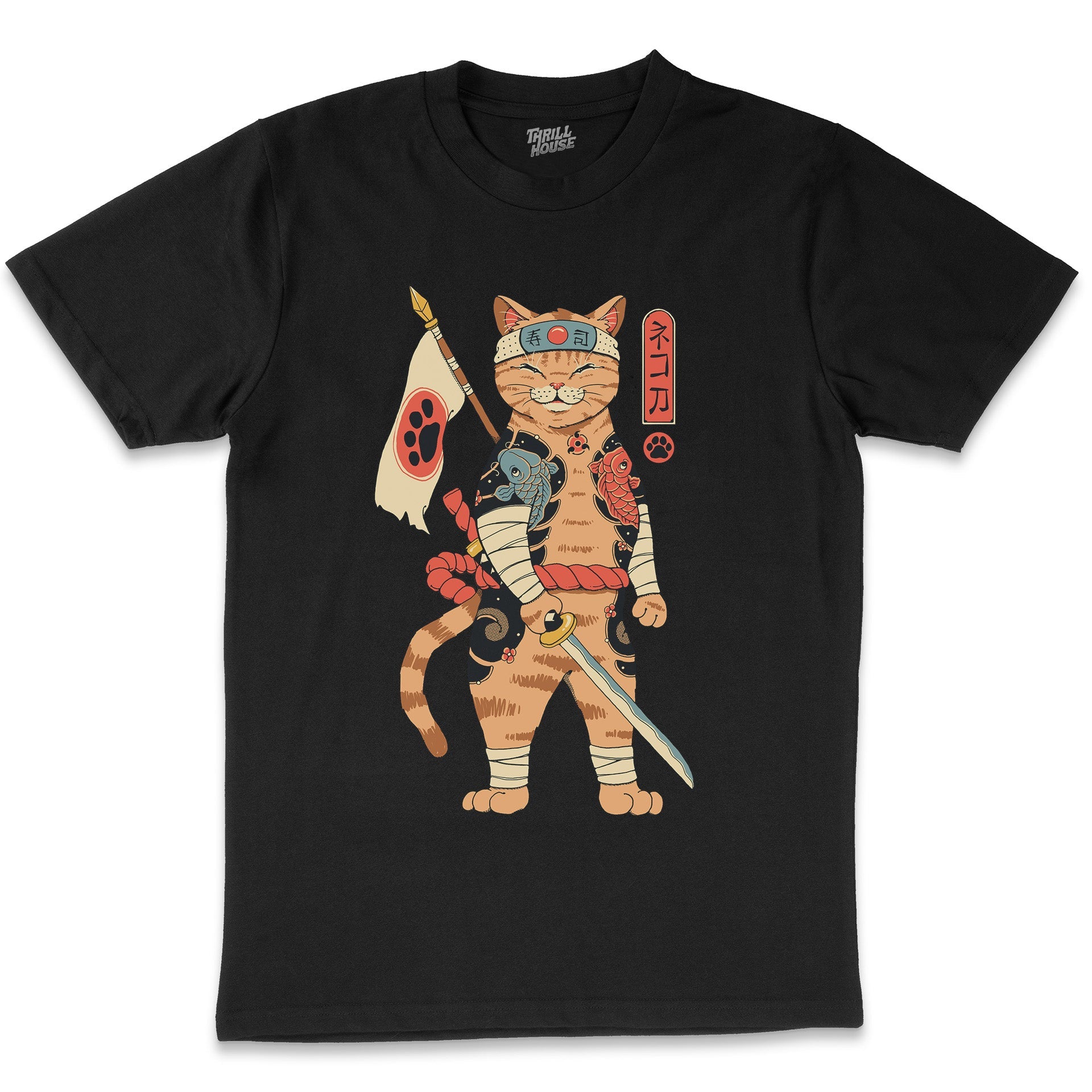 Neko Shogun Japanese Attack Samurai Kitten Cat Artsy Cotton T-Shirt