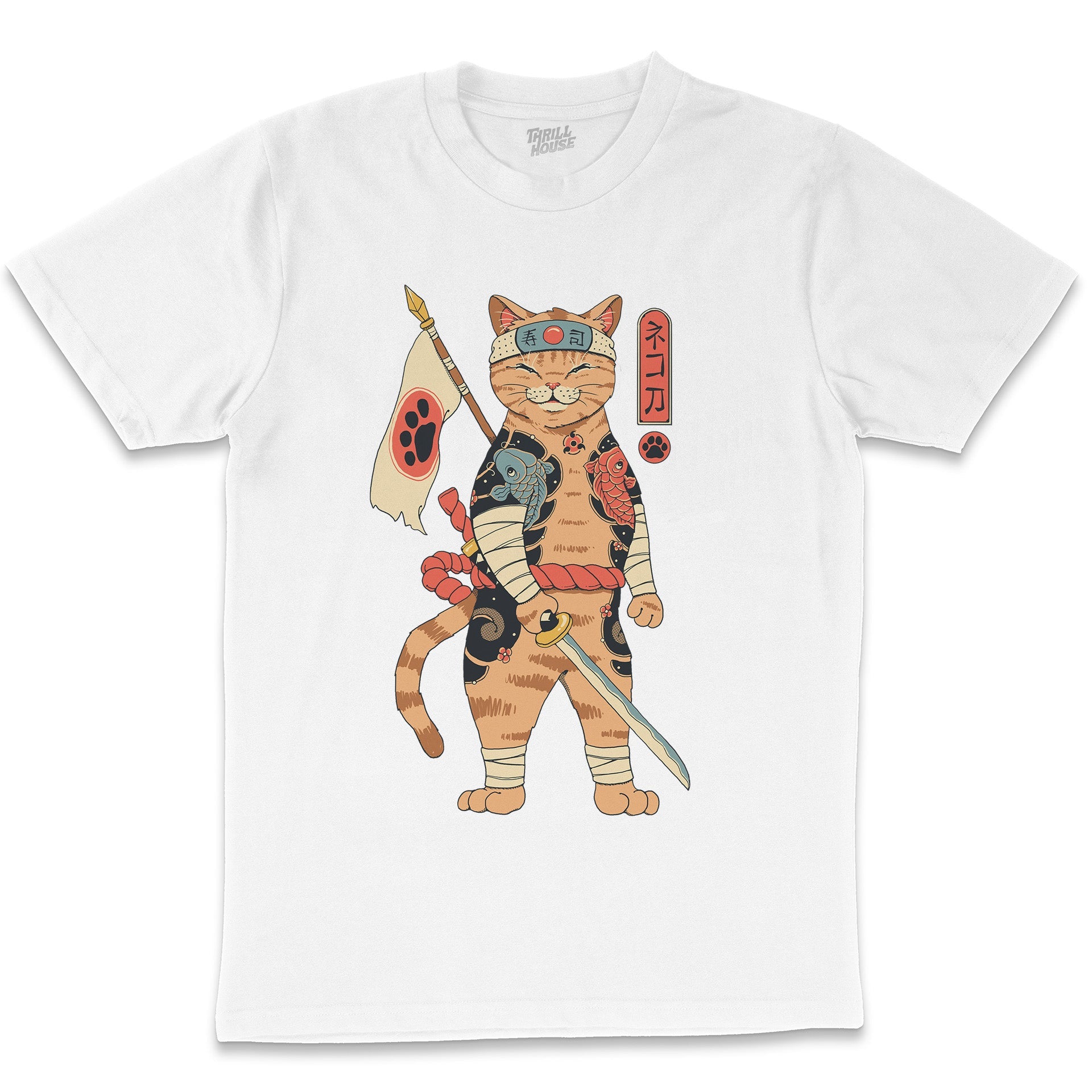 Neko Shogun Japanese Attack Samurai Kitten Cat Artsy Cotton T-Shirt