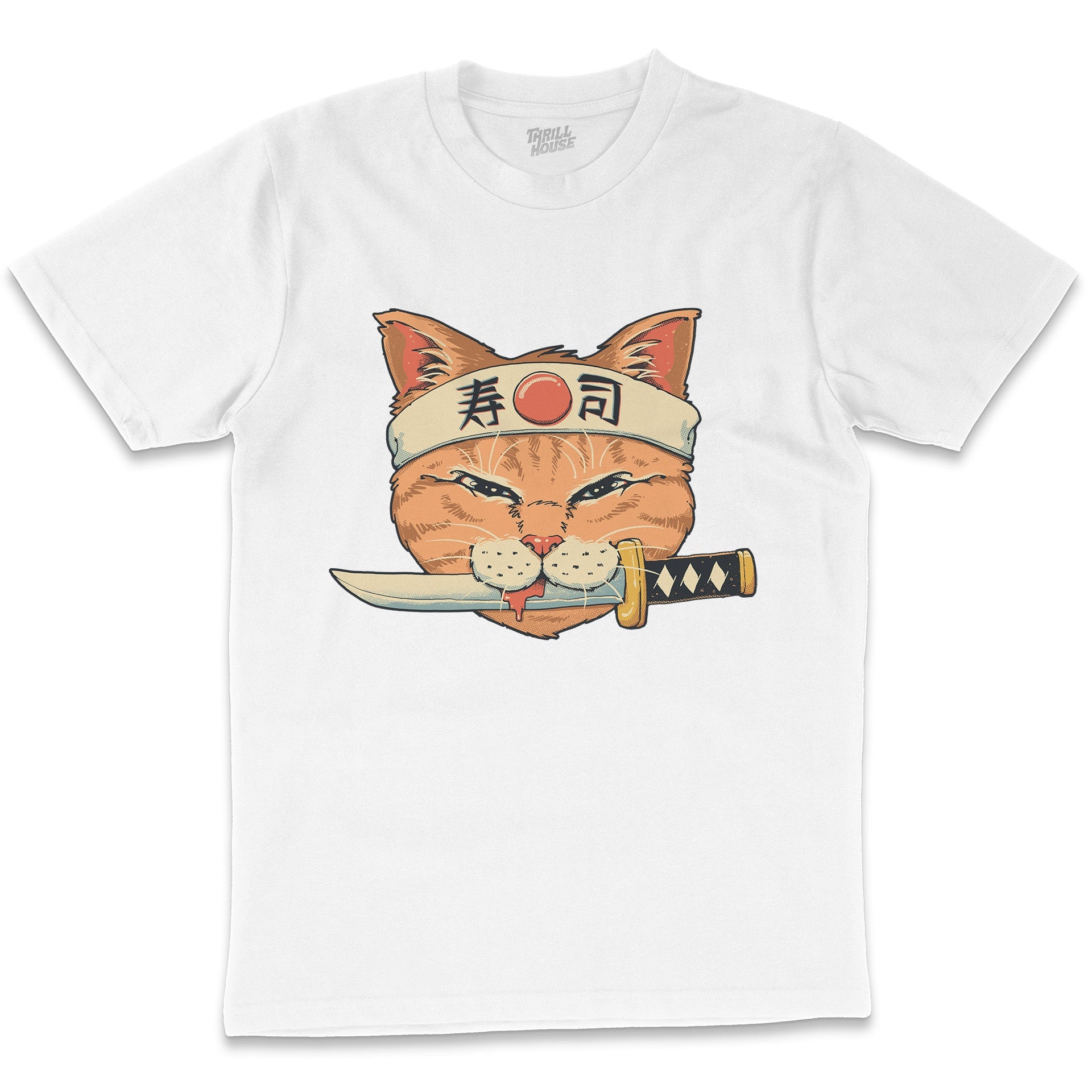 Neko Sushi Catana Japanese Attack Samurai Kitten Cat Artsy Cotton T-Shirt