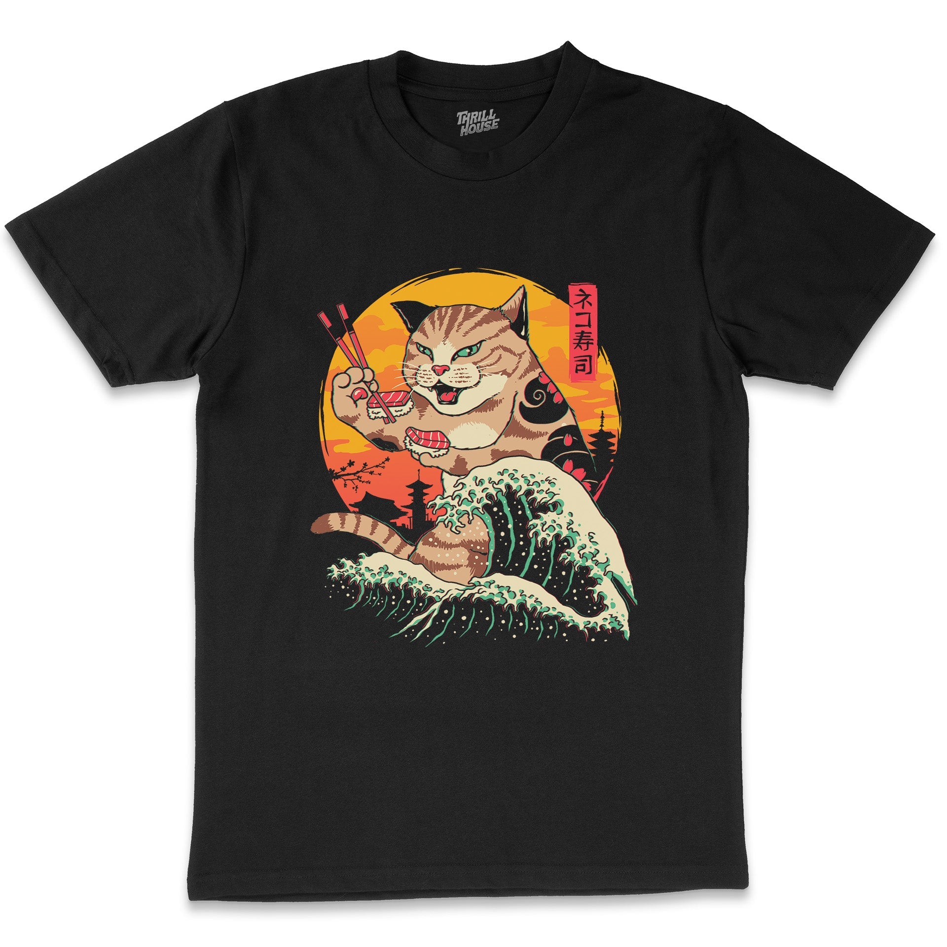 Catzilla Synthwave Cat cheapest Great Wave of Kanagawa Unisex Black T-shirt