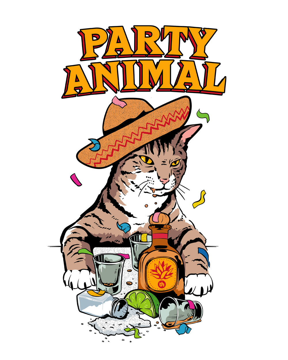 Party Animal Cat Kitten Tequila Shots Funny Drinking Slogan Cotton T-Shirt
