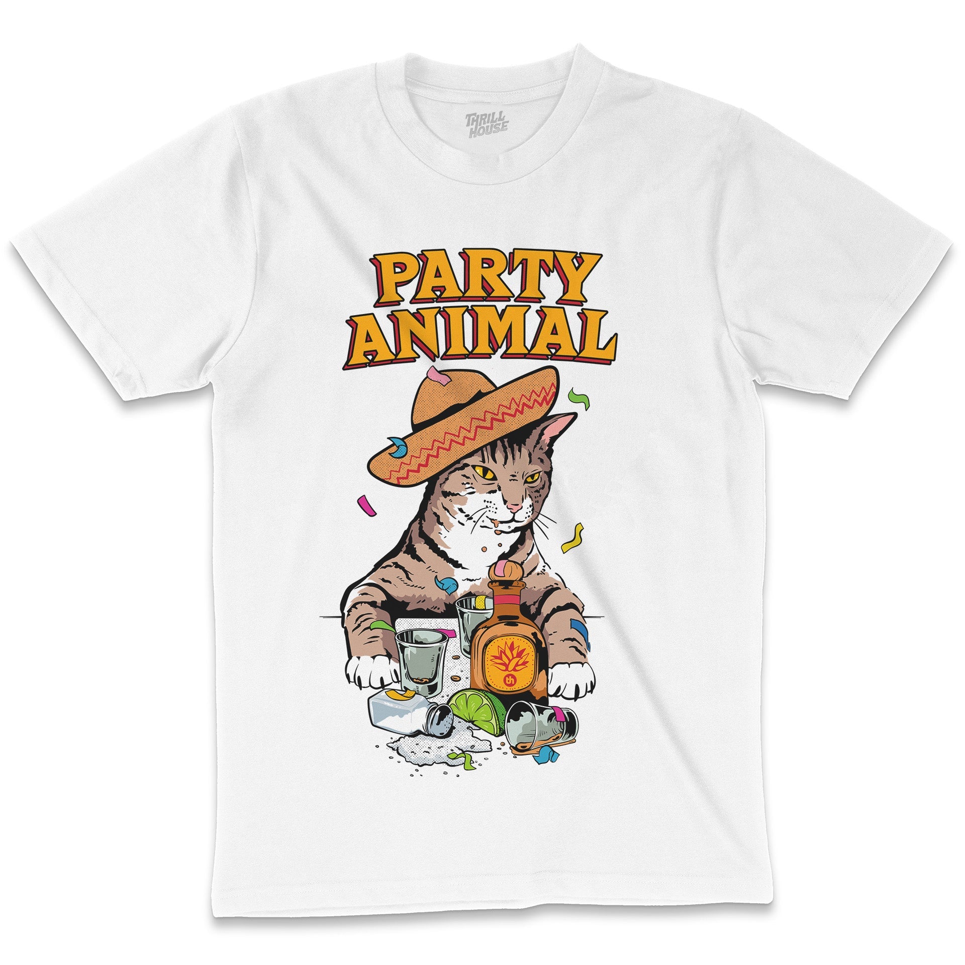 Party Animal Cat Kitten Tequila Shots Funny Drinking Slogan Cotton T-Shirt