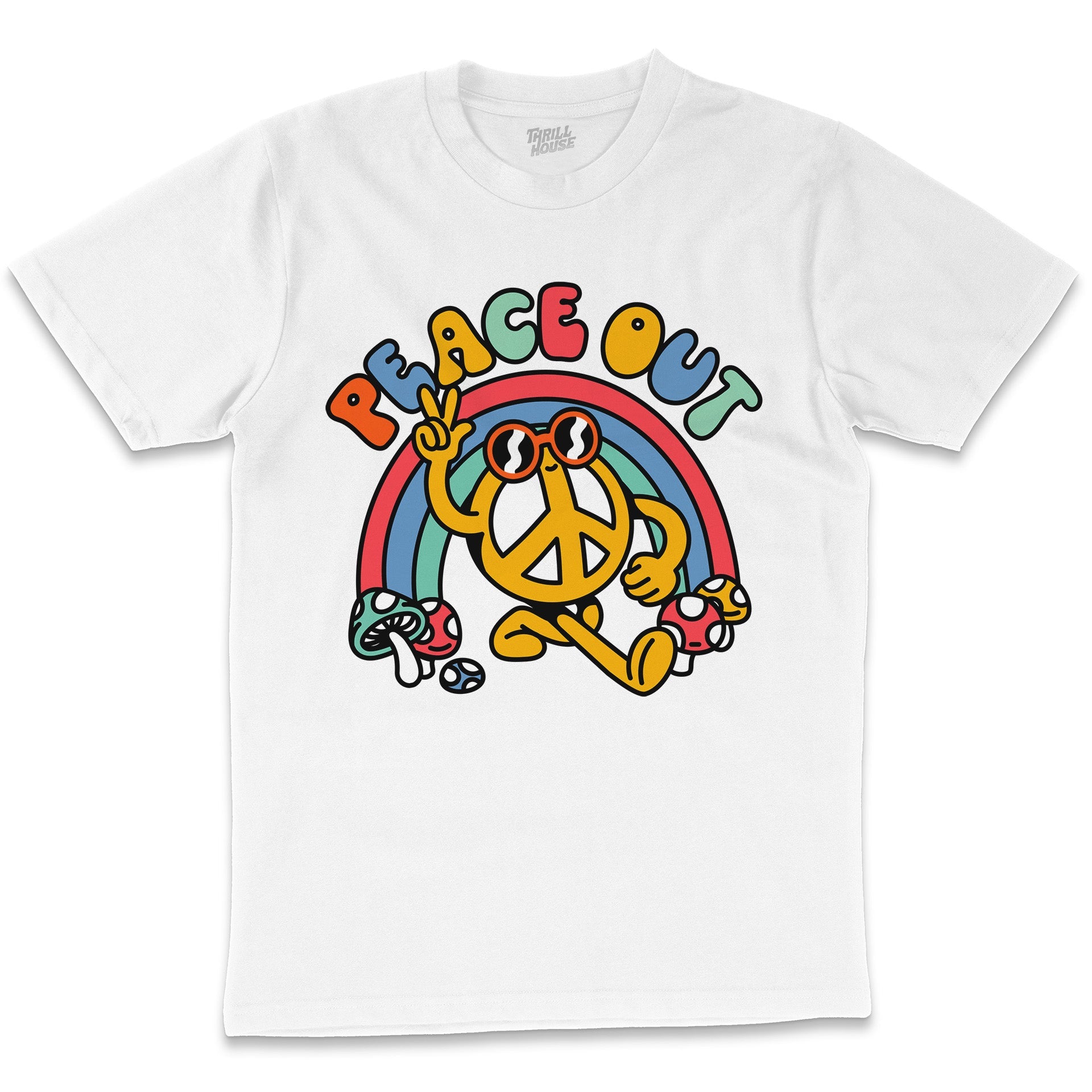 Peace Out Funny Hippy Rainbow Slogan Retro Vintage Happy Cotton T-Shirt